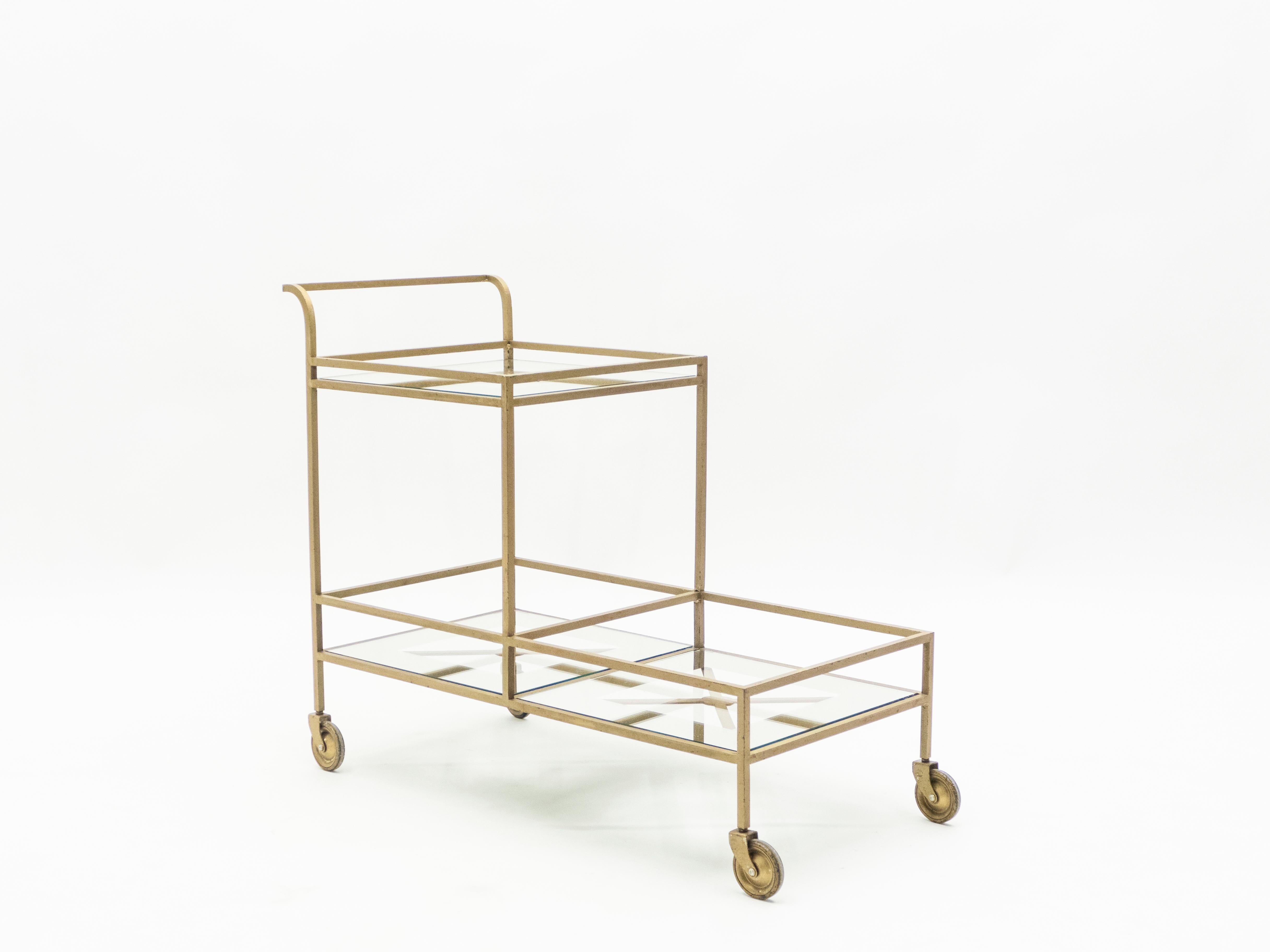 Mid-Century Modern Jean Royère Serving Trolley Gilded Metal Mirrored Glass, 1950