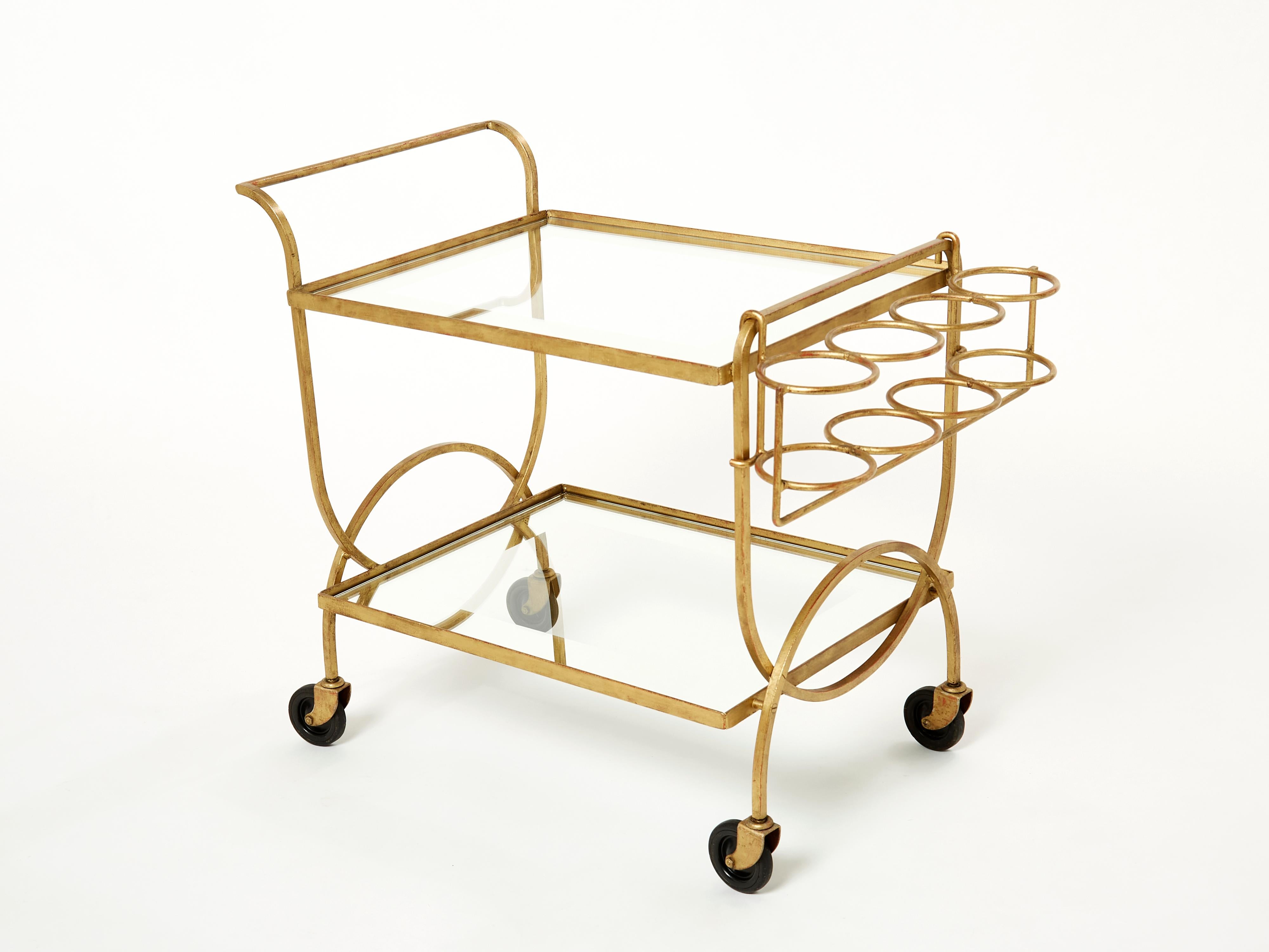 Mid-Century Modern Jean Royère Serving Trolley Gilded Metal Mirrored Glass, 1950
