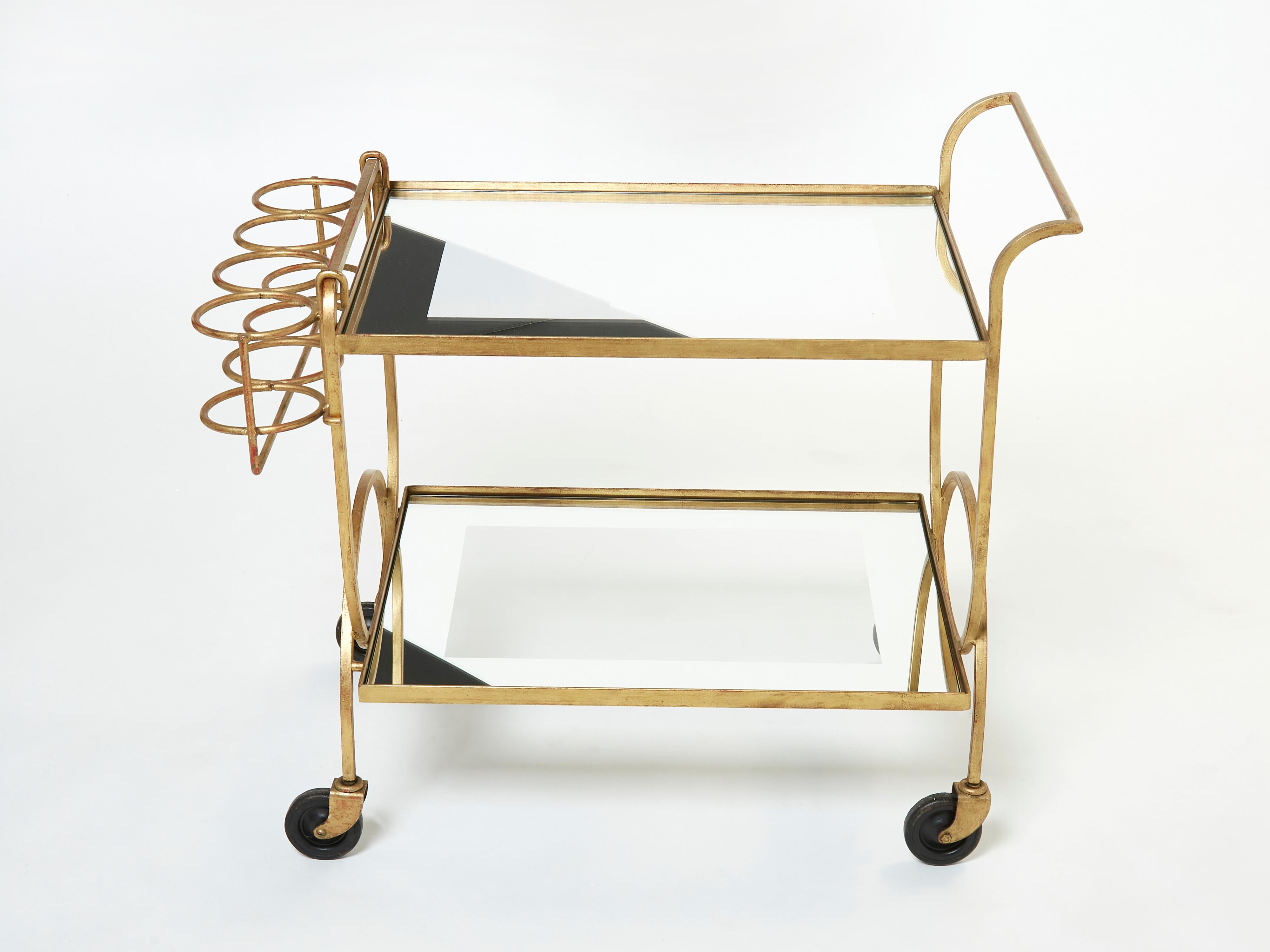 French Jean Royère Serving Trolley Gilded Metal Mirrored Glass, 1950