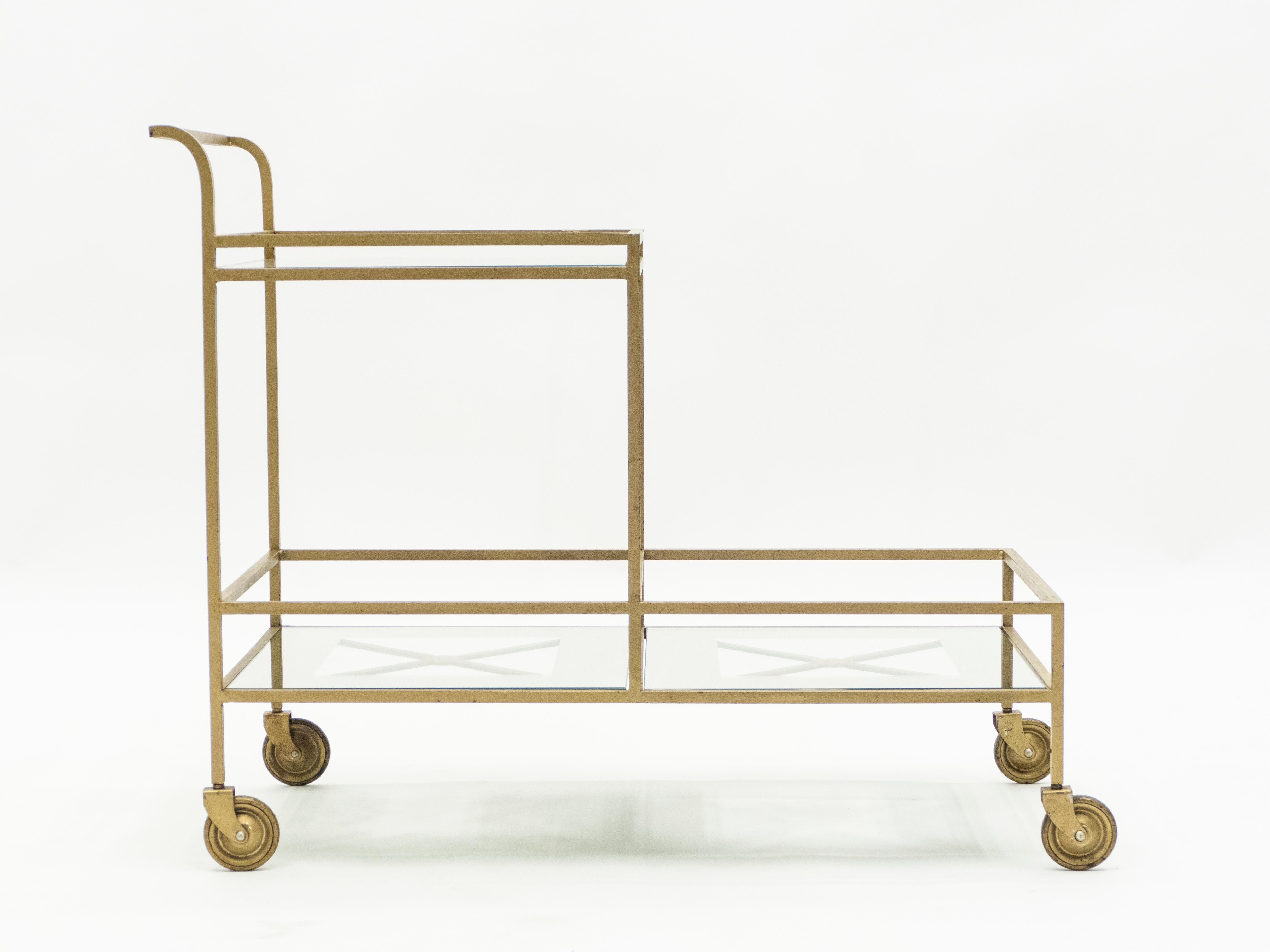 Jean Royère Serving Trolley Gilded Metal Mirrored Glass, 1950 In Good Condition In Paris, IDF