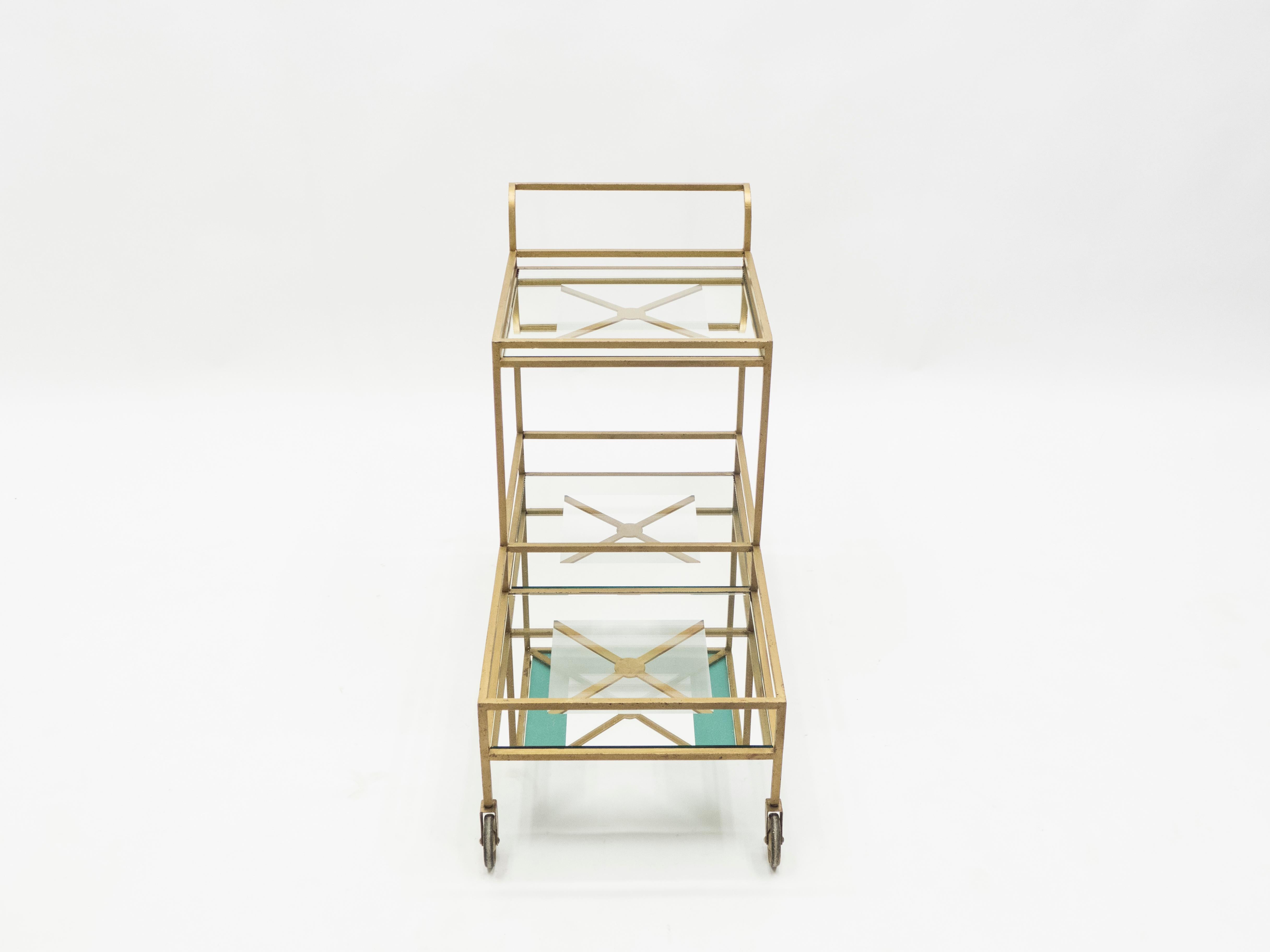 Mid-20th Century Jean Royère Serving Trolley Gilded Metal Mirrored Glass, 1950
