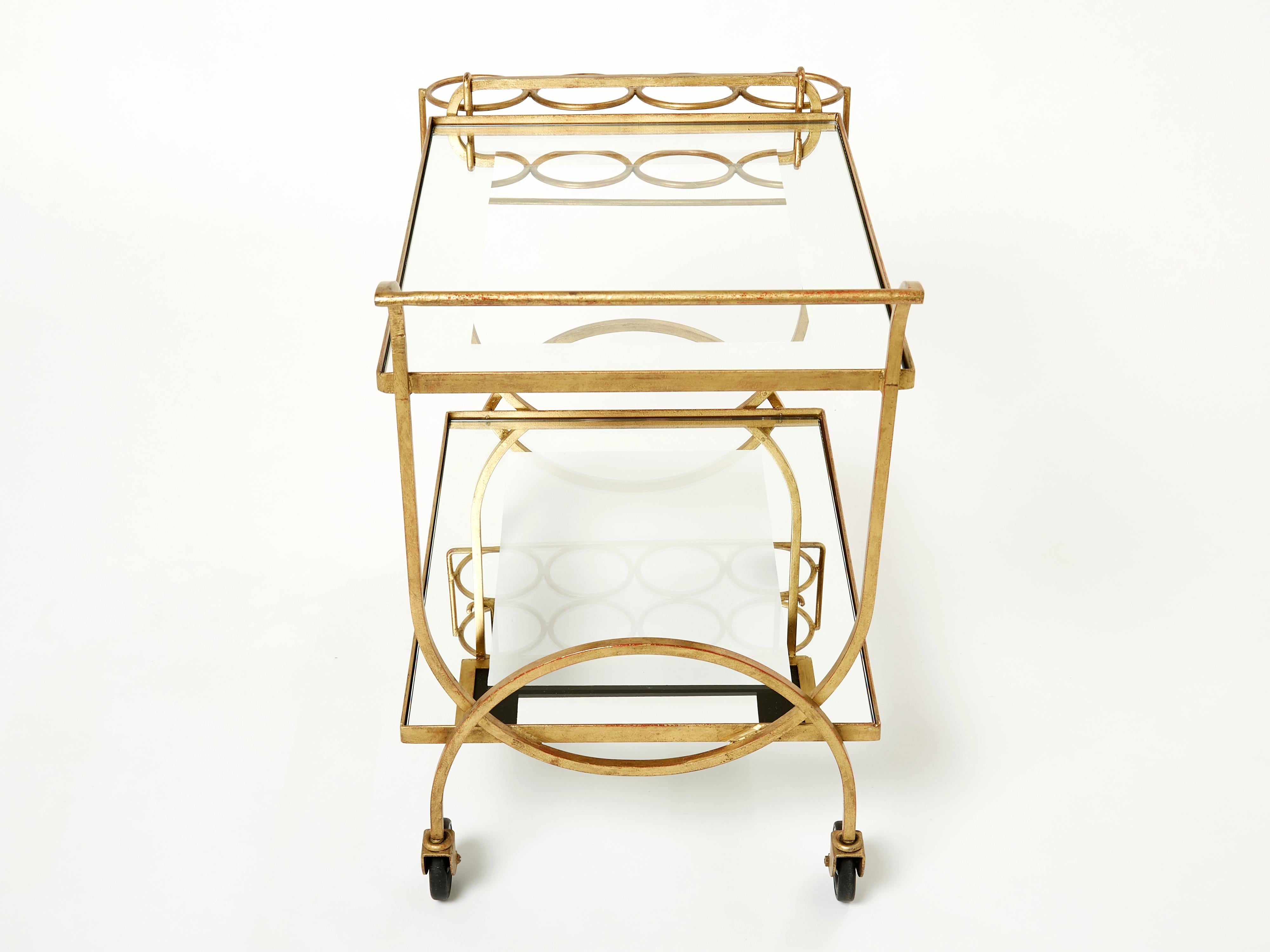 Mid-20th Century Jean Royère Serving Trolley Gilded Metal Mirrored Glass, 1950