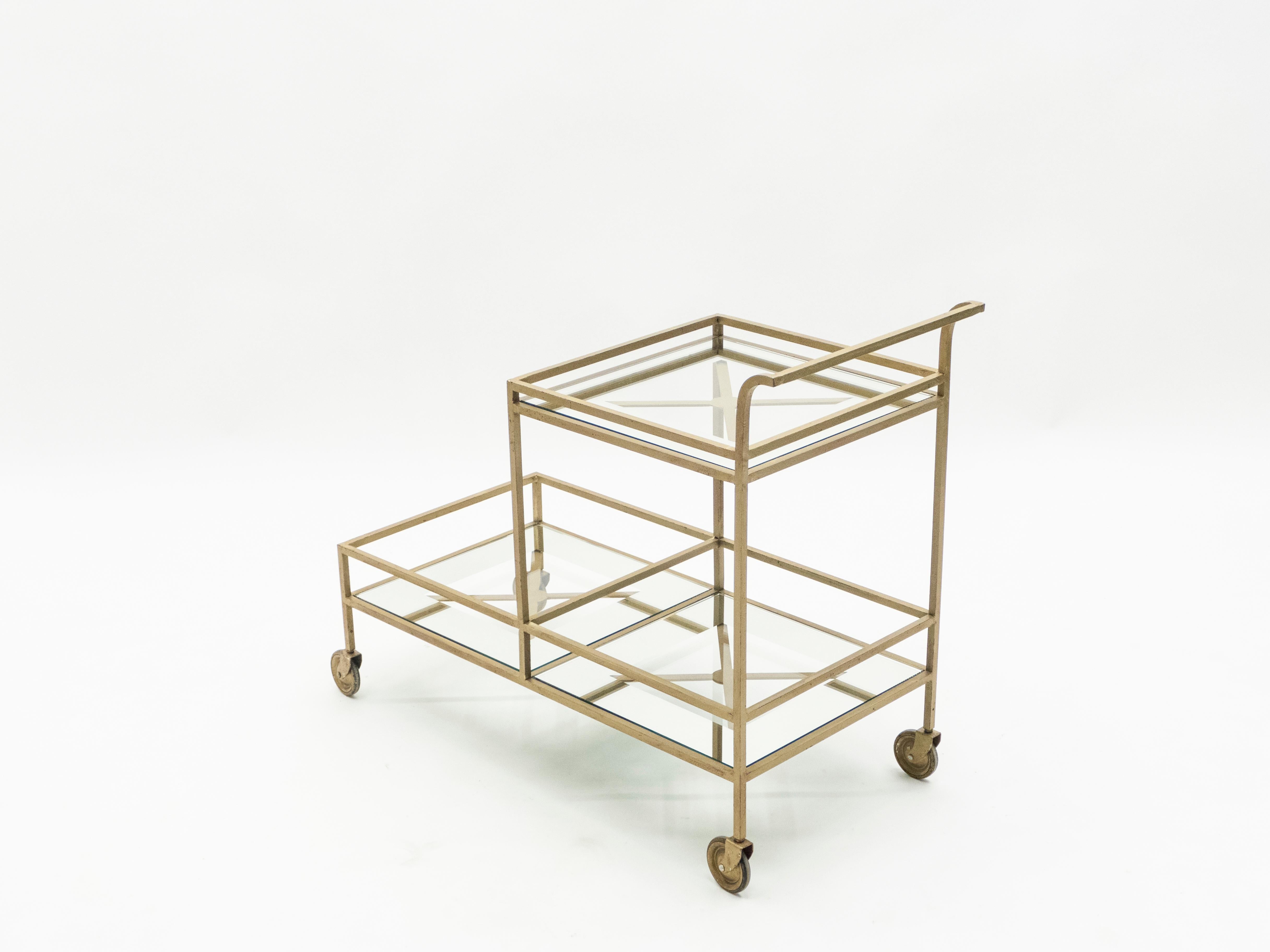 Jean Royère Serving Trolley Gilded Metal Mirrored Glass, 1950 1