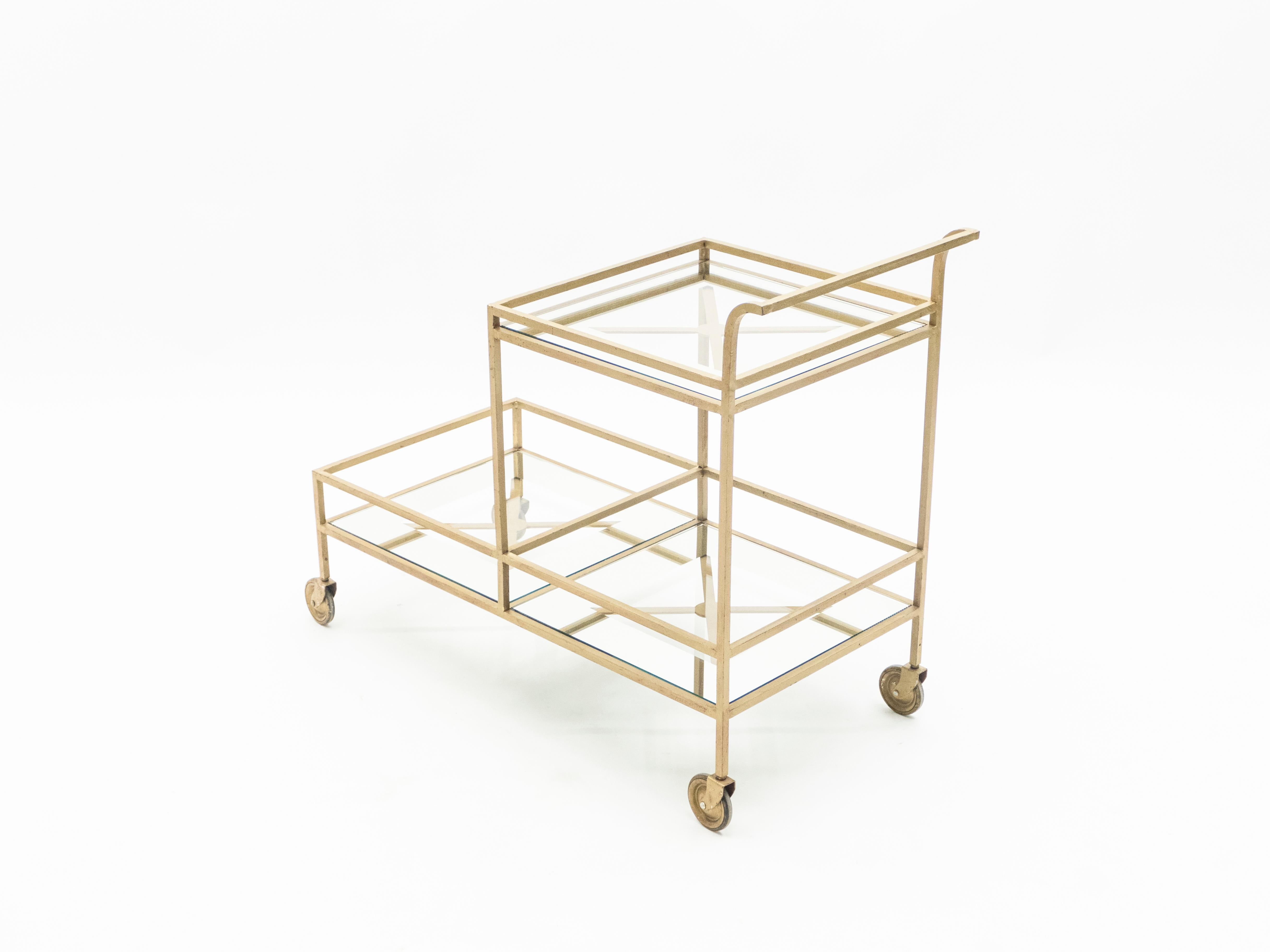 Jean Royère Serving Trolley Gilded Metal Mirrored Glass, 1950 2