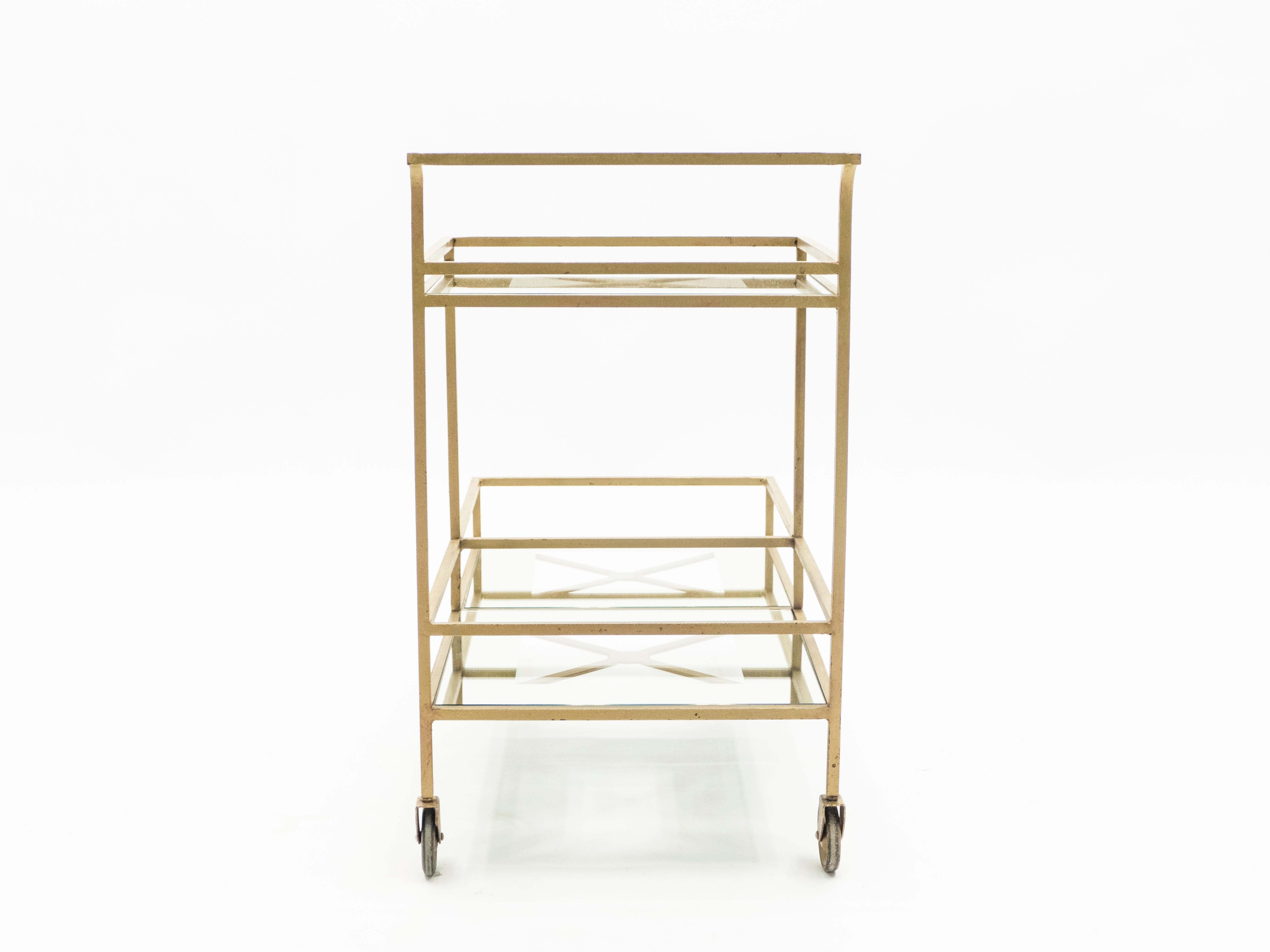 Jean Royère Serving Trolley Gilded Metal Mirrored Glass, 1950 3