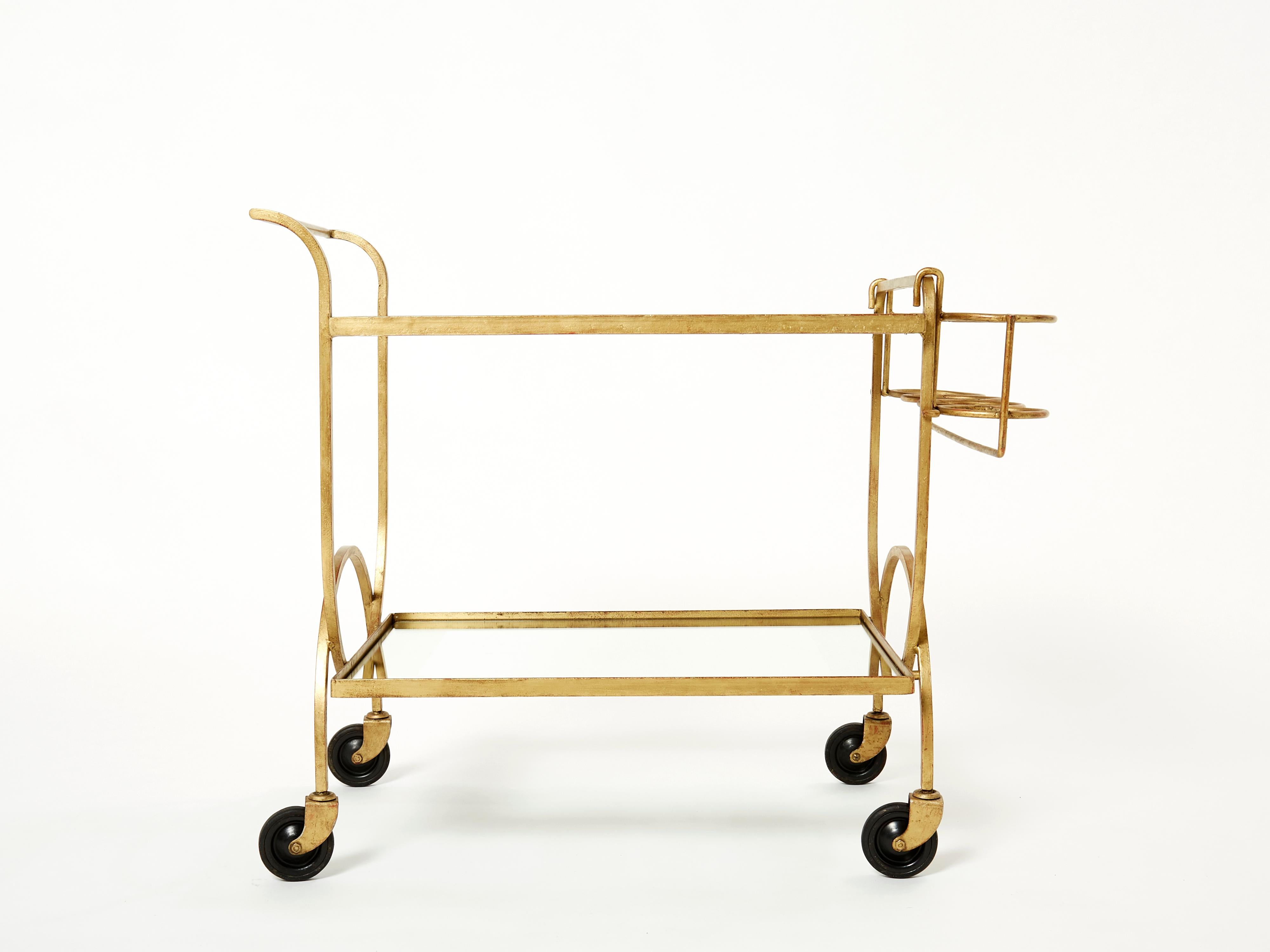 Jean Royère Serving Trolley Gilded Metal Mirrored Glass, 1950 3