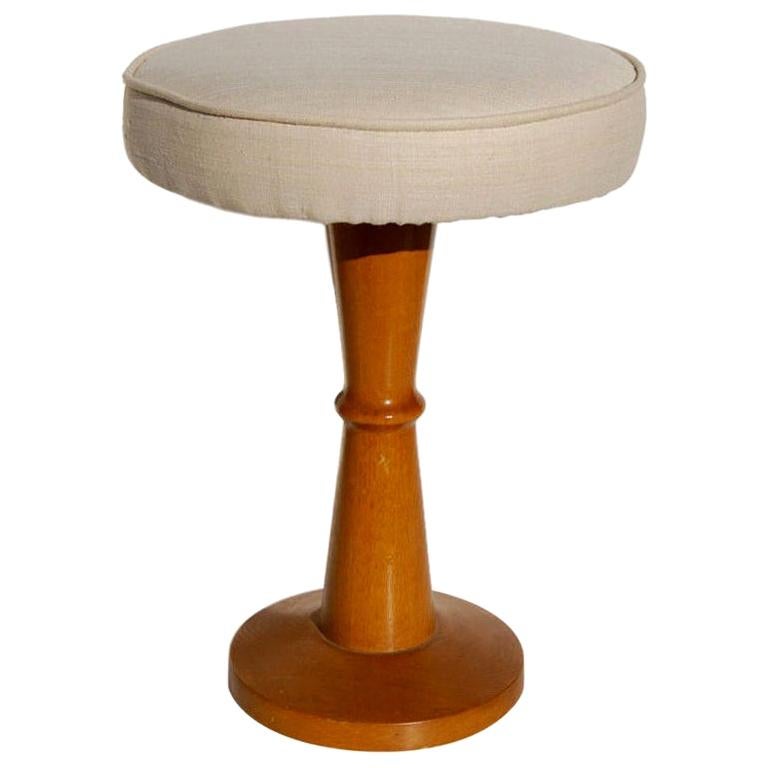 Jean Royère Signed Oak Stool with Silk Top For Sale