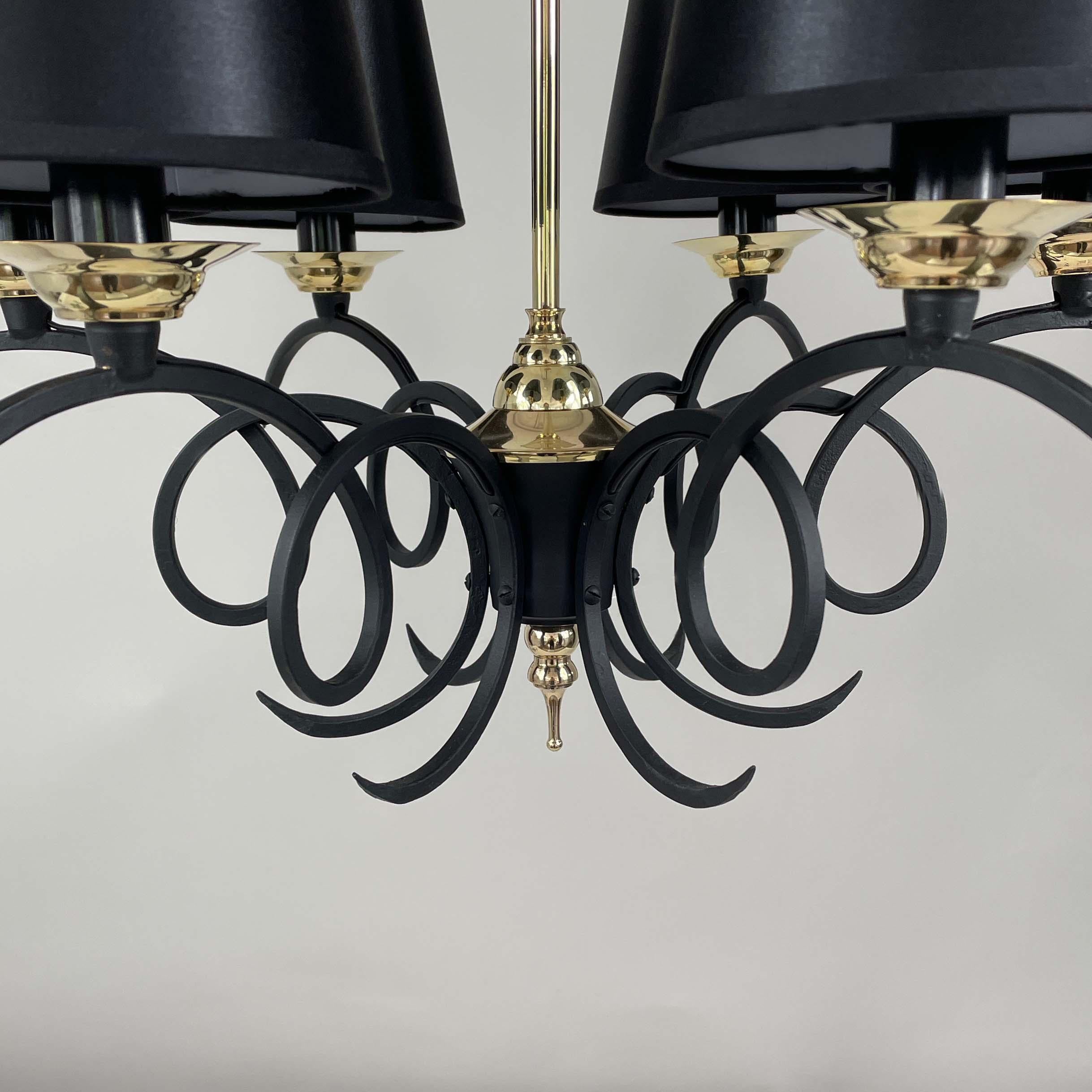 Black Cast Iron and Brass Chandelier, France 1950s For Sale 5