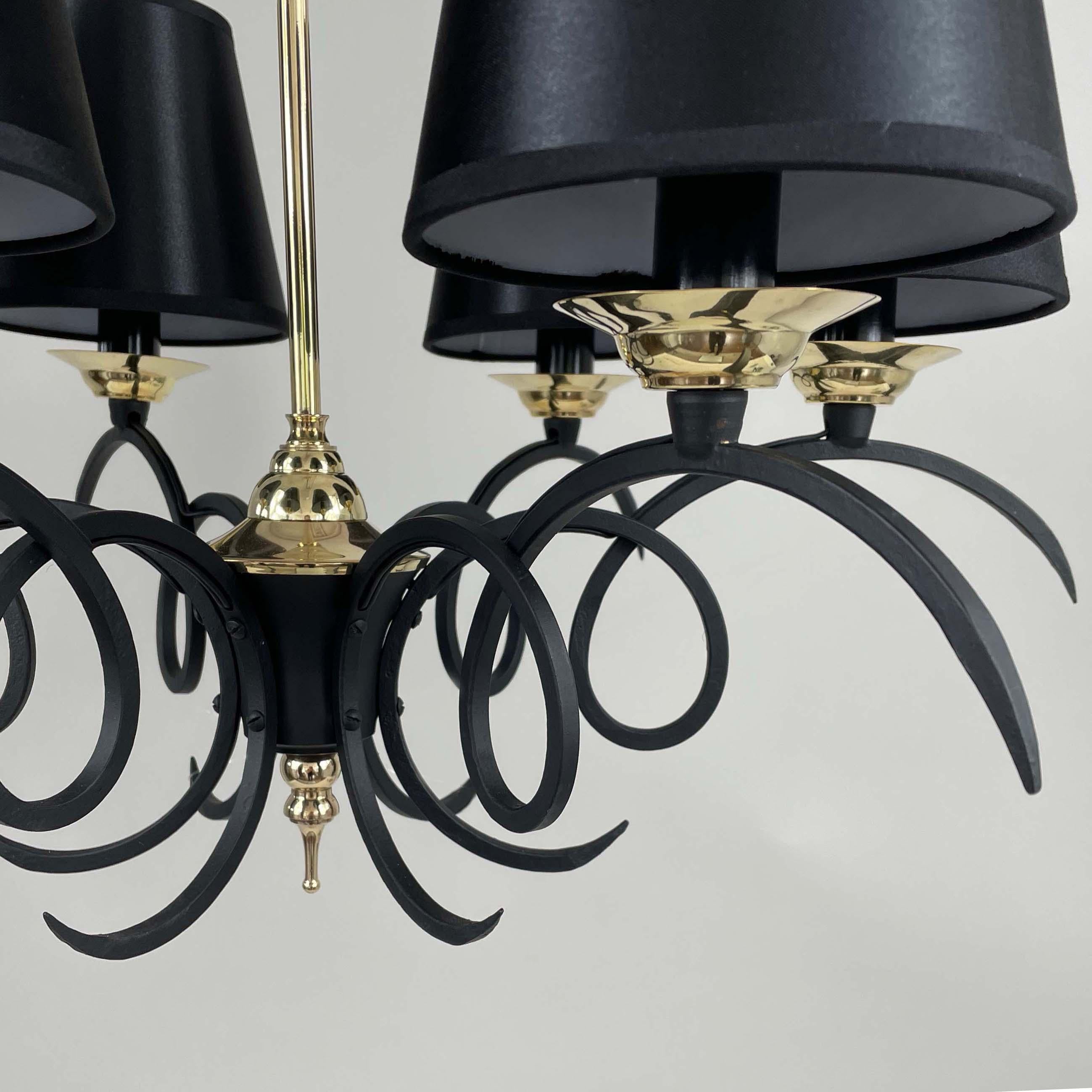 Black Cast Iron and Brass Chandelier, France 1950s For Sale 8