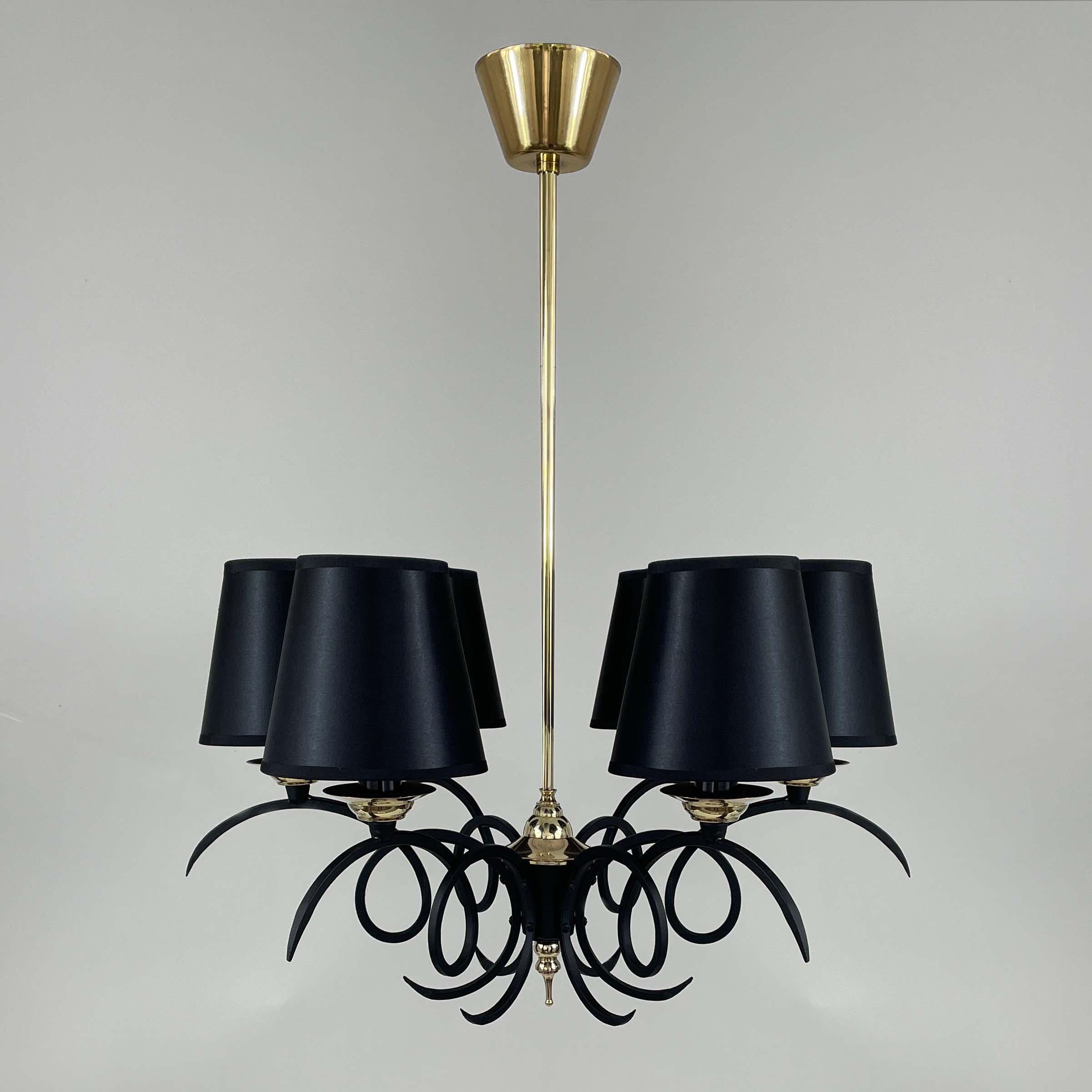 This unusual modernist chandelier was designed and manufactured in France in the 1950s. It features a black lacquered cast iron 6-light fixture with brass details. 

The light has been rewired and re-electrified and requires 6 E14 bulbs up to 60