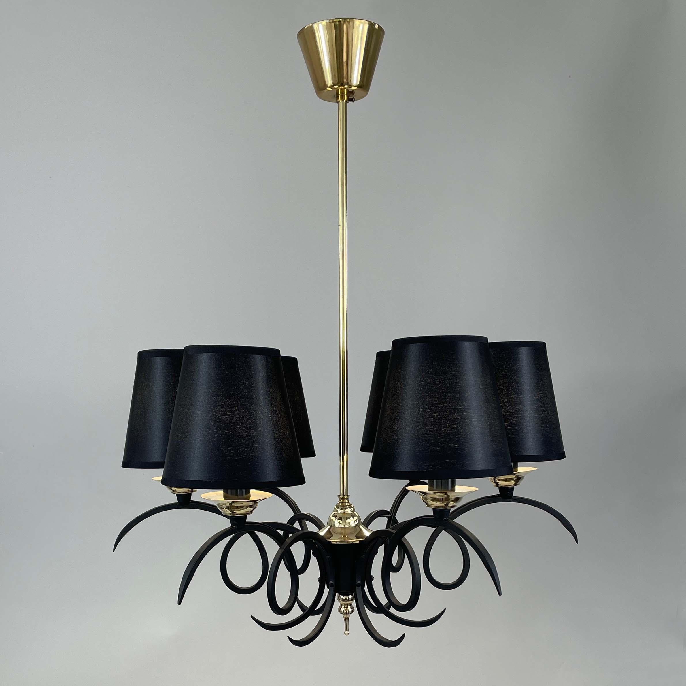 Black Cast Iron and Brass Chandelier, France 1950s In Good Condition For Sale In NUEMBRECHT, NRW