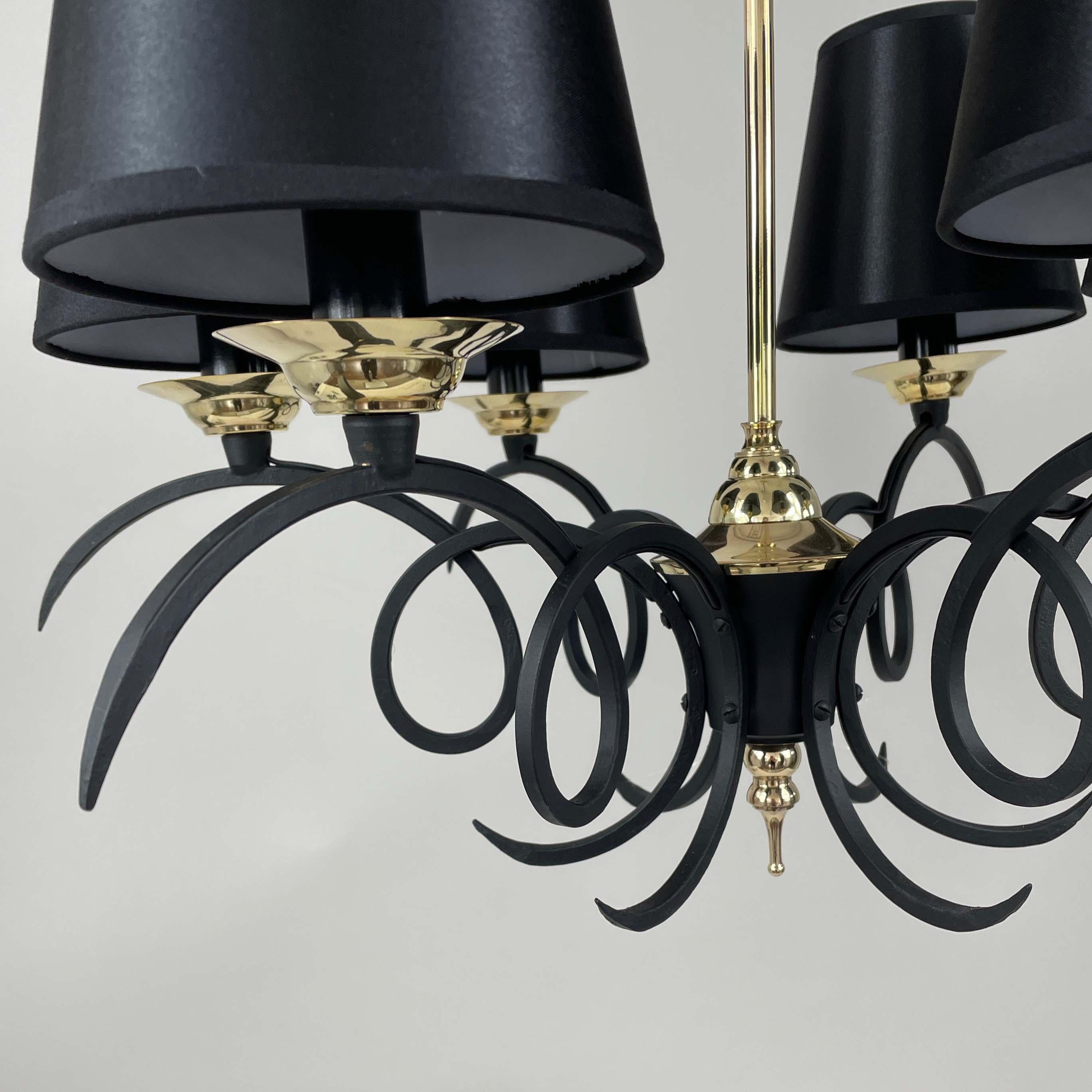 Mid-20th Century Black Cast Iron and Brass Chandelier, France 1950s For Sale