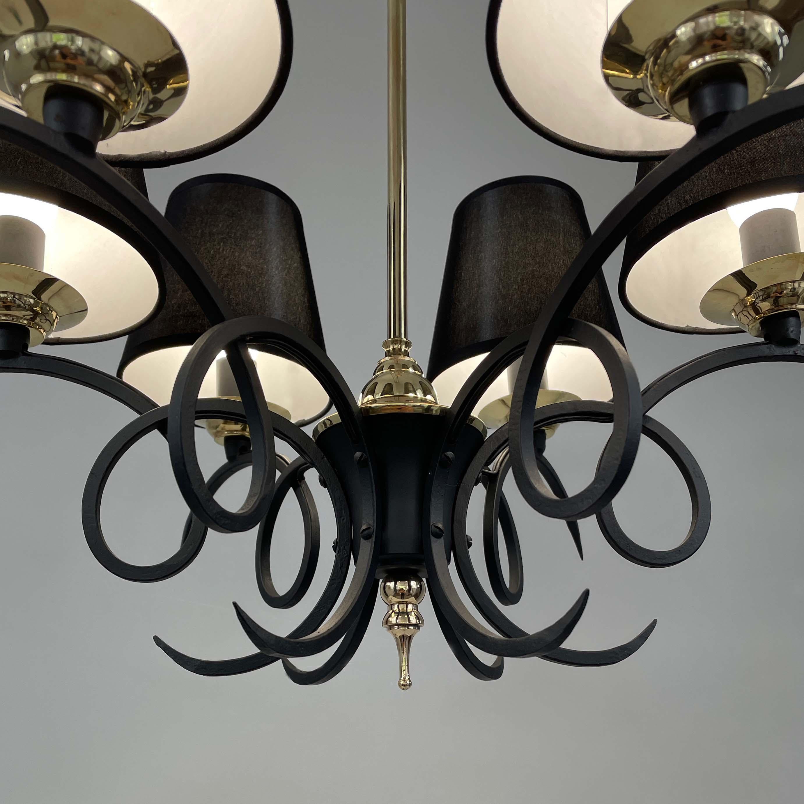 Black Cast Iron and Brass Chandelier, France 1950s For Sale 3