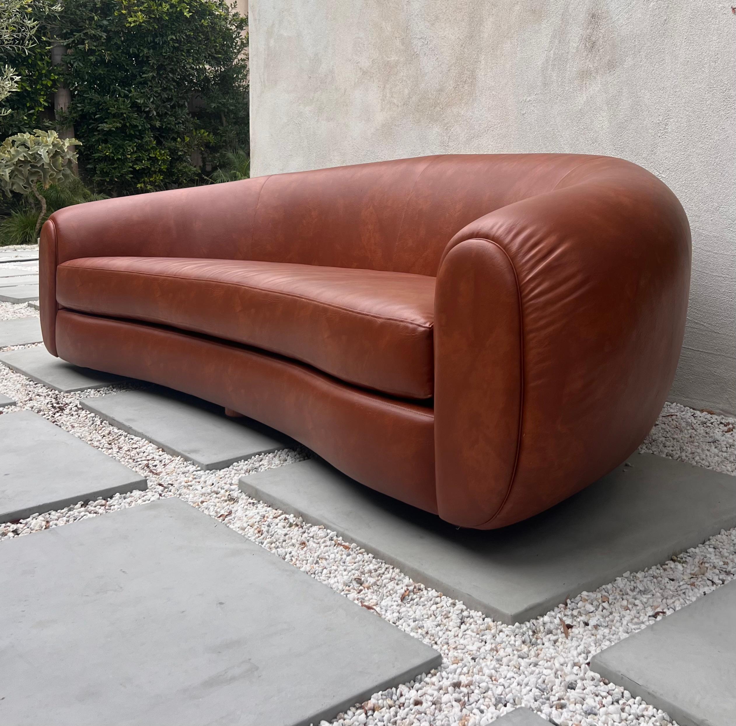 Jean Royère style curvy cognac pleather sofa, 21st century  For Sale 7