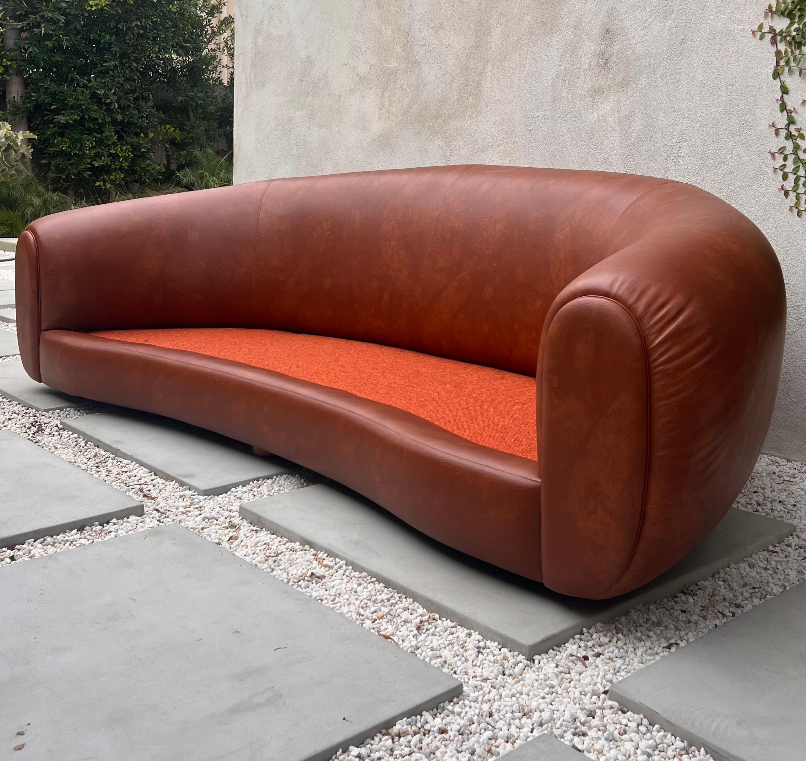 Jean Royère style curvy cognac pleather sofa, 21st century  For Sale 8