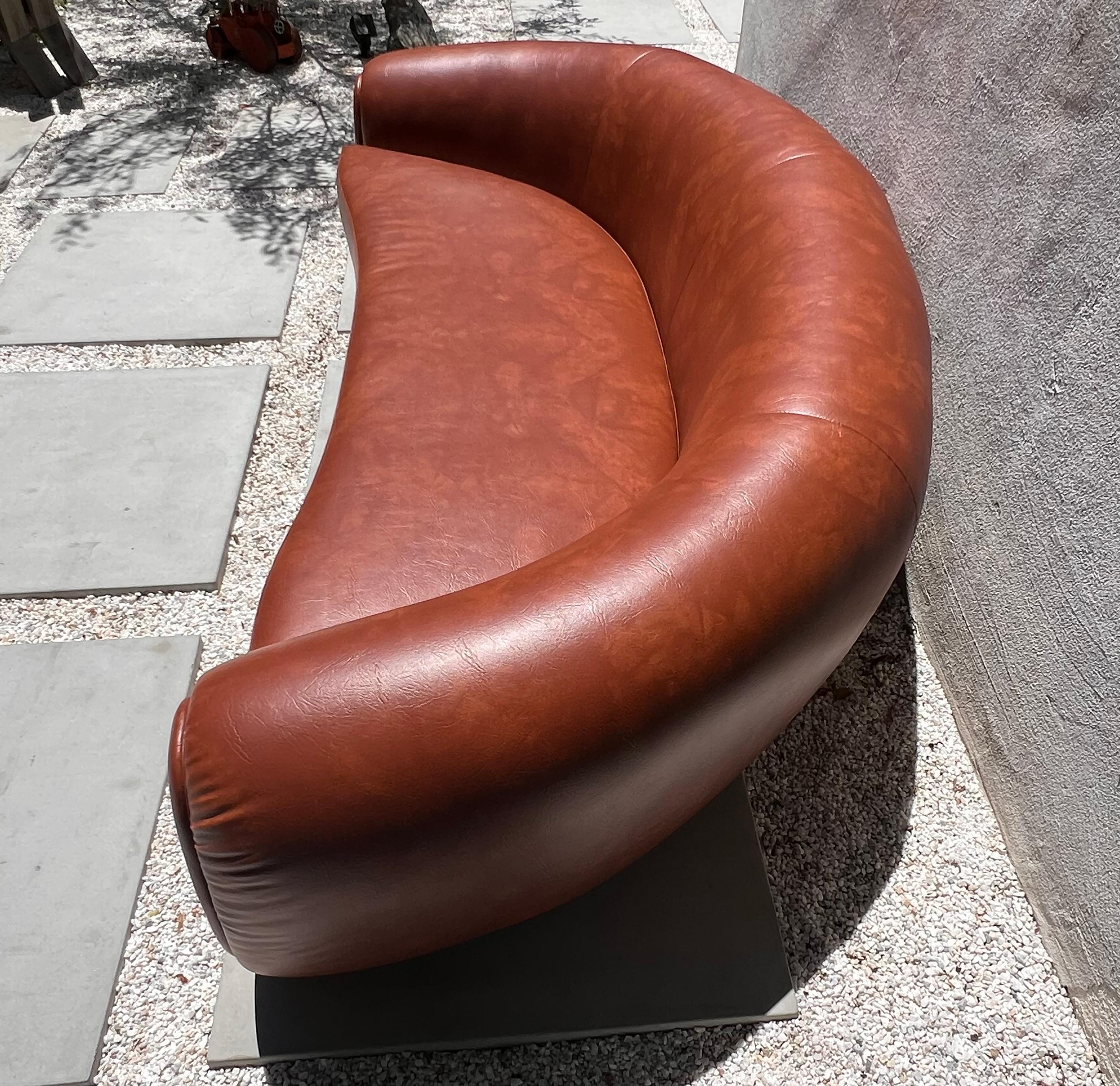 Jean Royère style curvy cognac pleather sofa, 21st century  For Sale 12