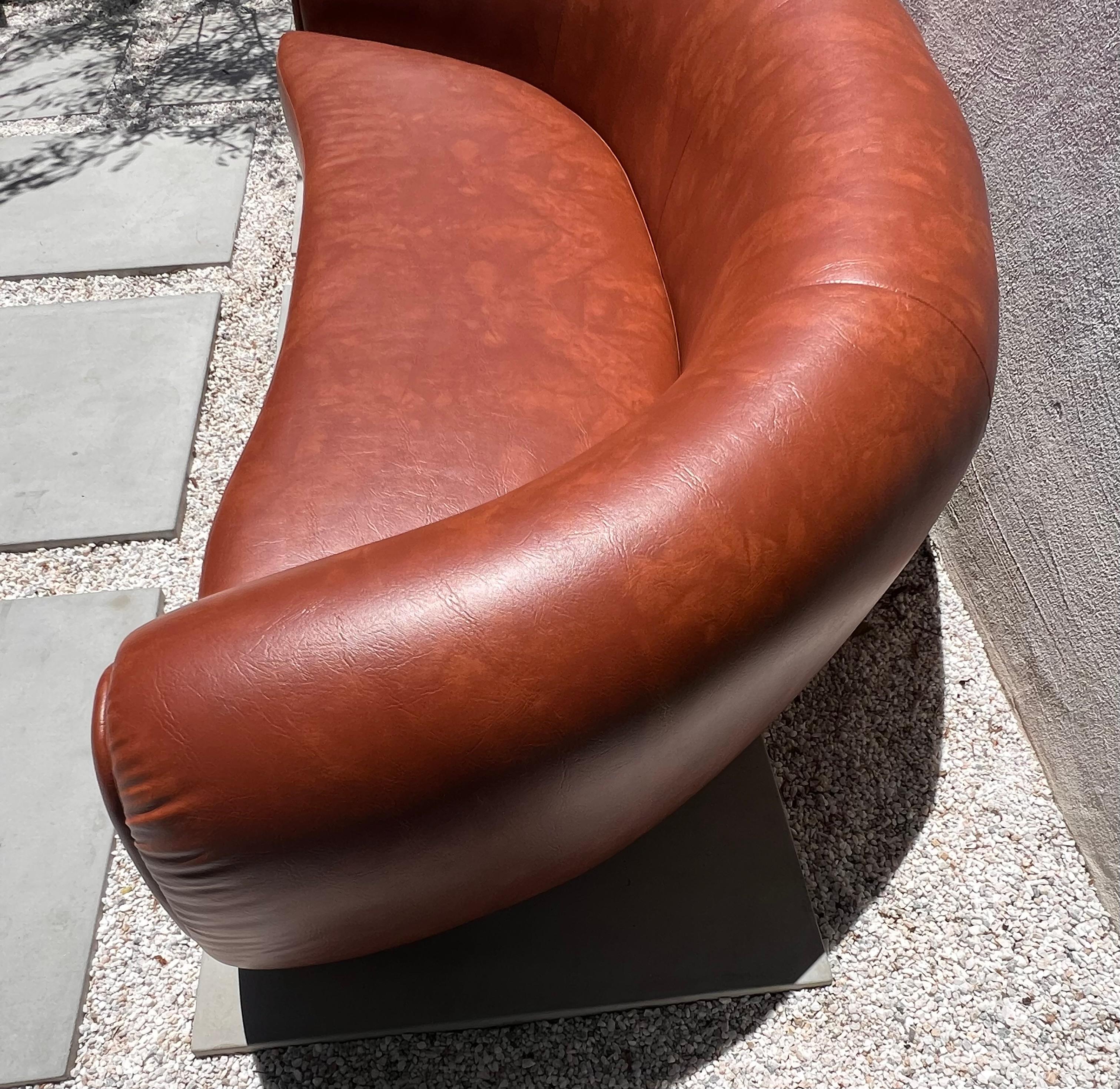 Jean Royère style curvy cognac pleather sofa, 21st century  For Sale 13