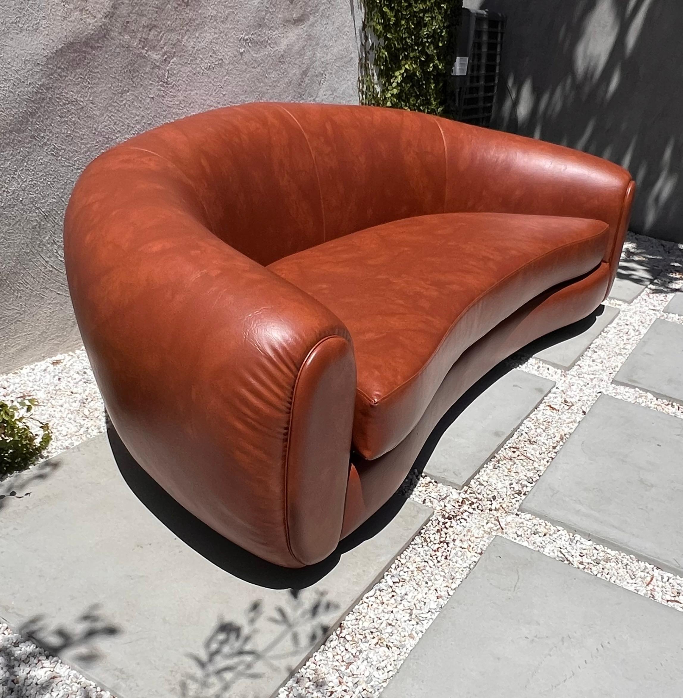 Jean Royère style curvy cognac pleather sofa, 21st century  For Sale 3