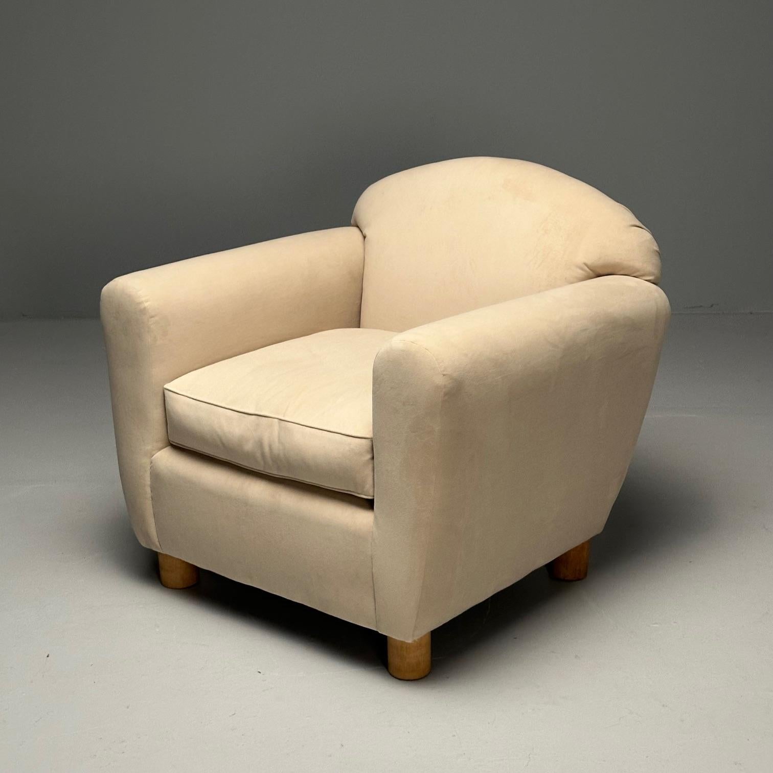 Mid-Century Modern French Art Deco, Oversized Lounge Chairs, Tan Velvet, 2023 For Sale