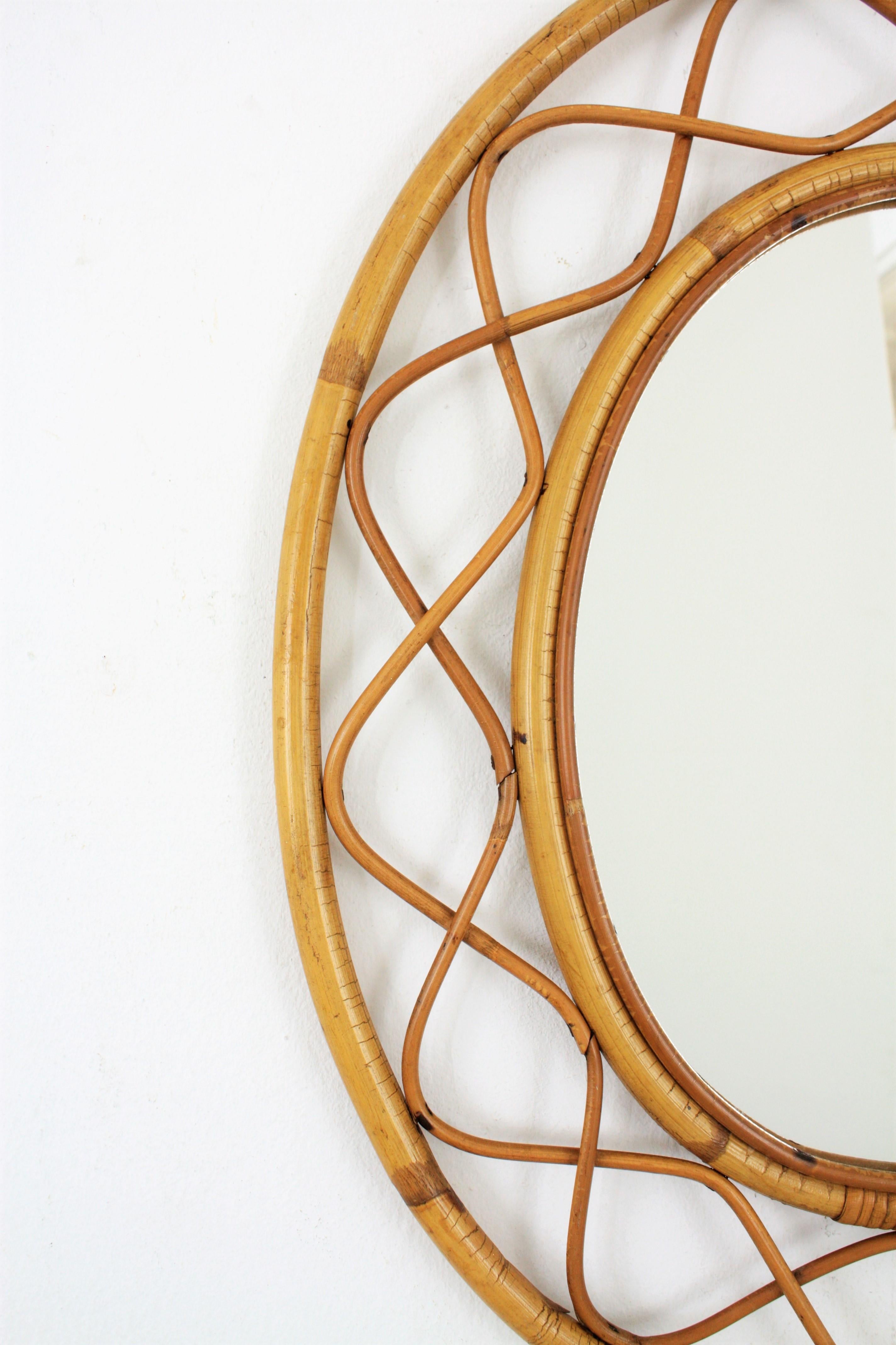 Mid-Century Modern Jean Royère Style French Riviera Bamboo and Rattan Oval Mirror, France, 1960s