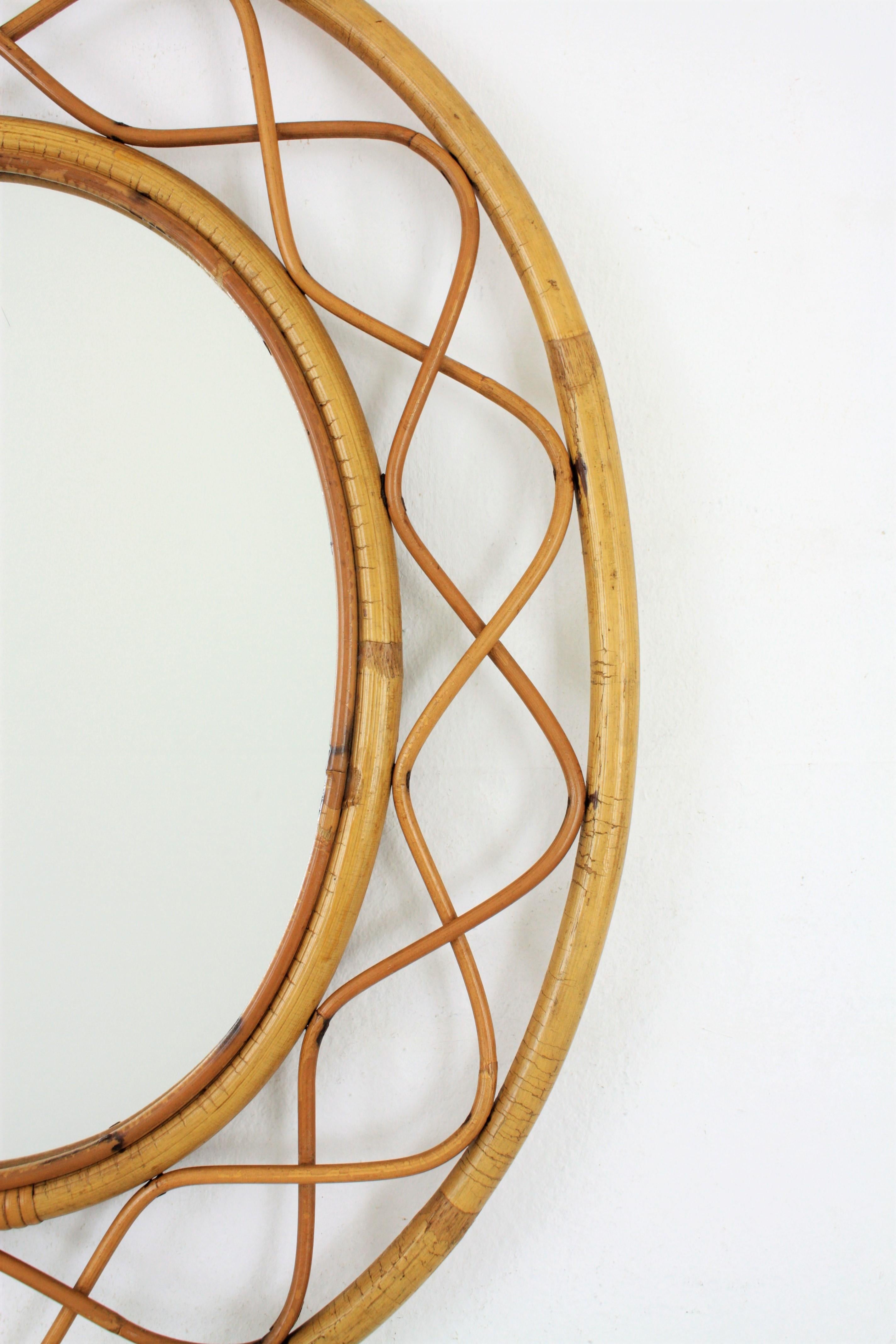 Jean Royère Style French Riviera Bamboo and Rattan Oval Mirror, France, 1960s In Excellent Condition In Barcelona, ES