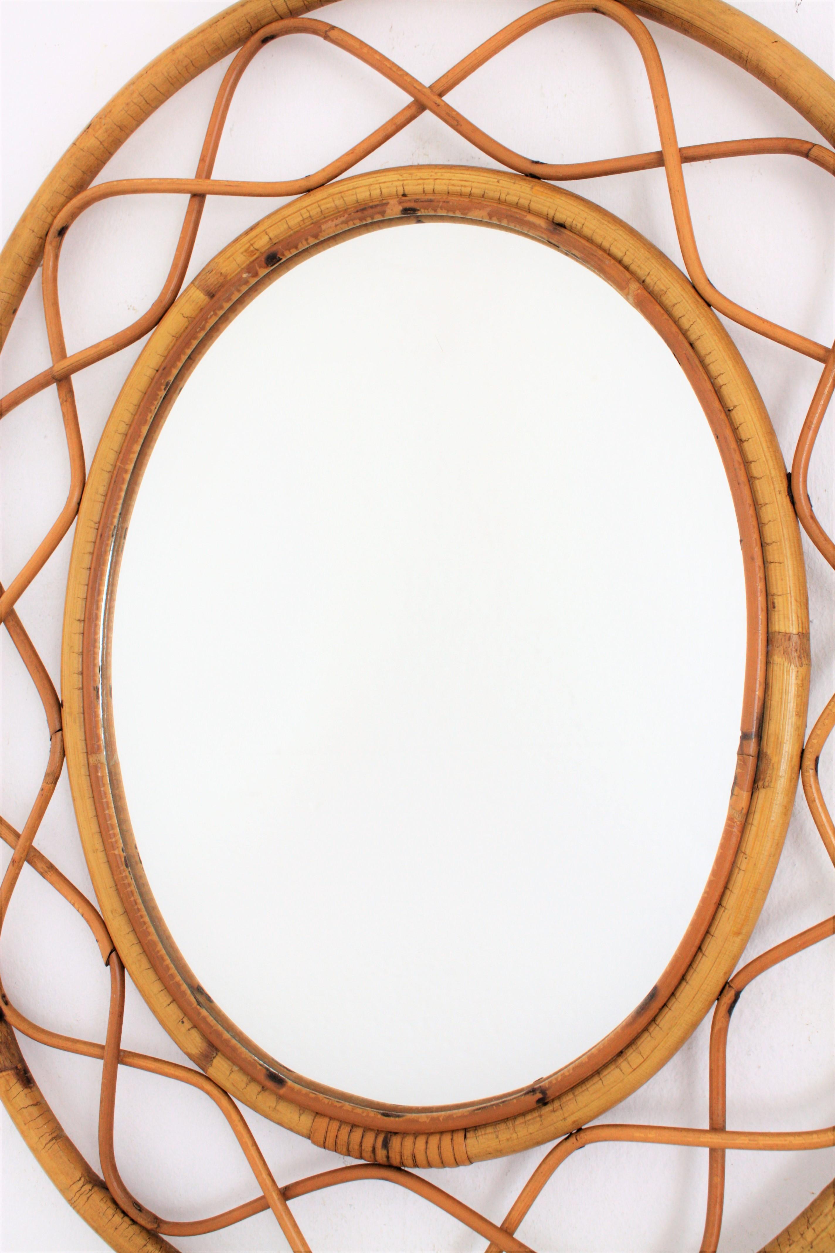 20th Century Jean Royère Style French Riviera Bamboo and Rattan Oval Mirror, France, 1960s