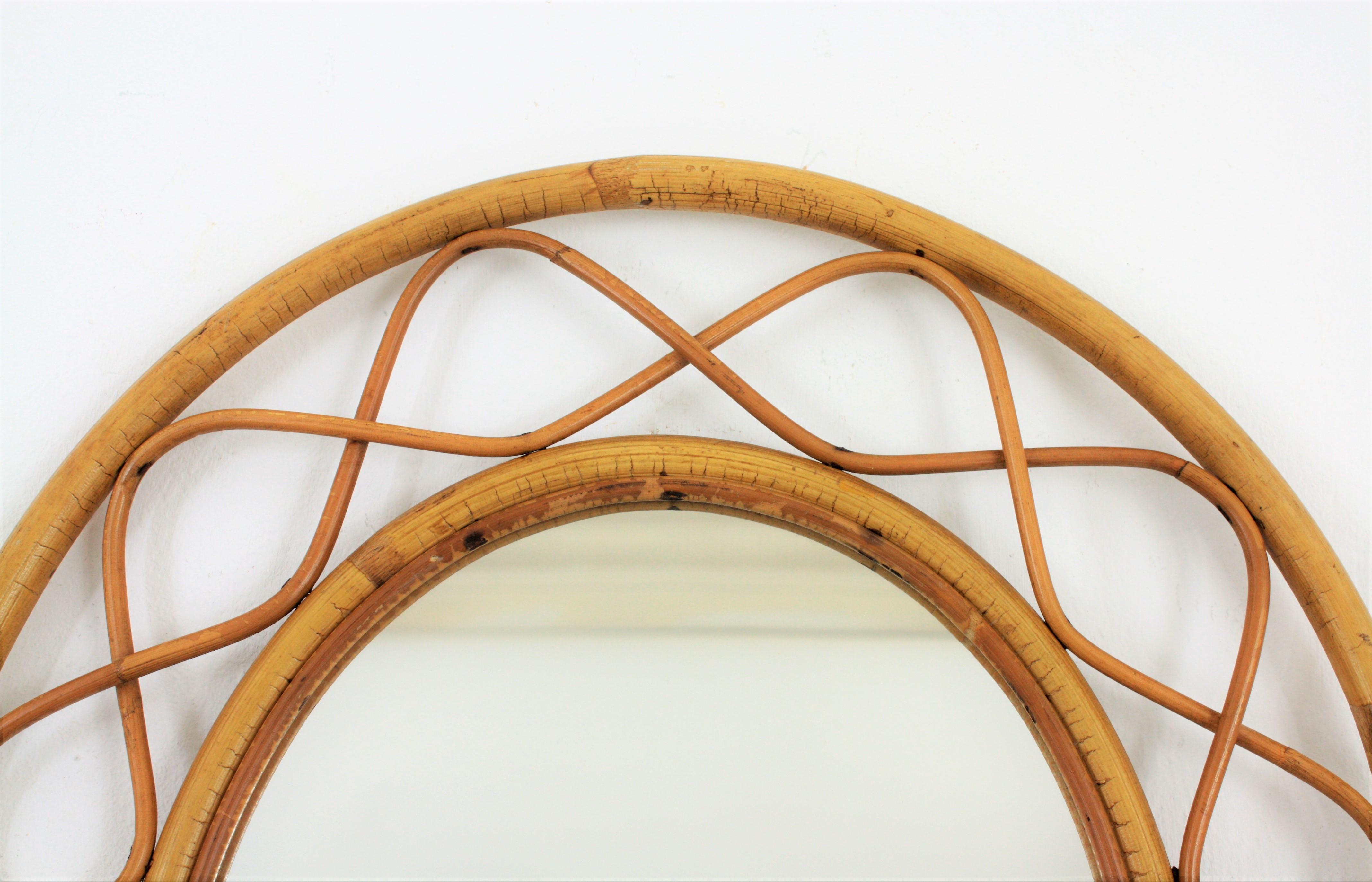 Jean Royère Style French Riviera Bamboo and Rattan Oval Mirror, France, 1960s 2