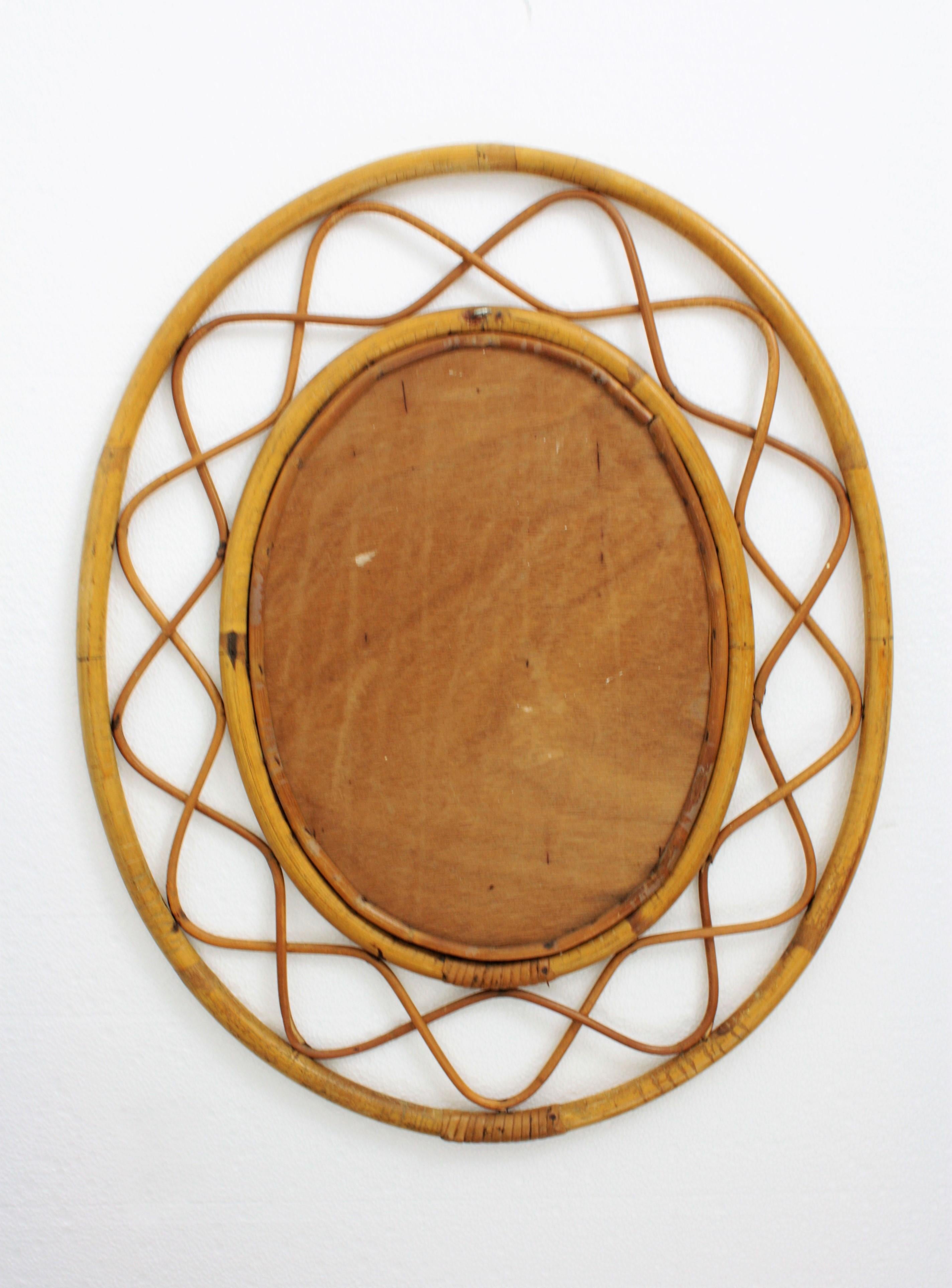 Jean Royère Style French Riviera Bamboo and Rattan Oval Mirror, France, 1960s 3