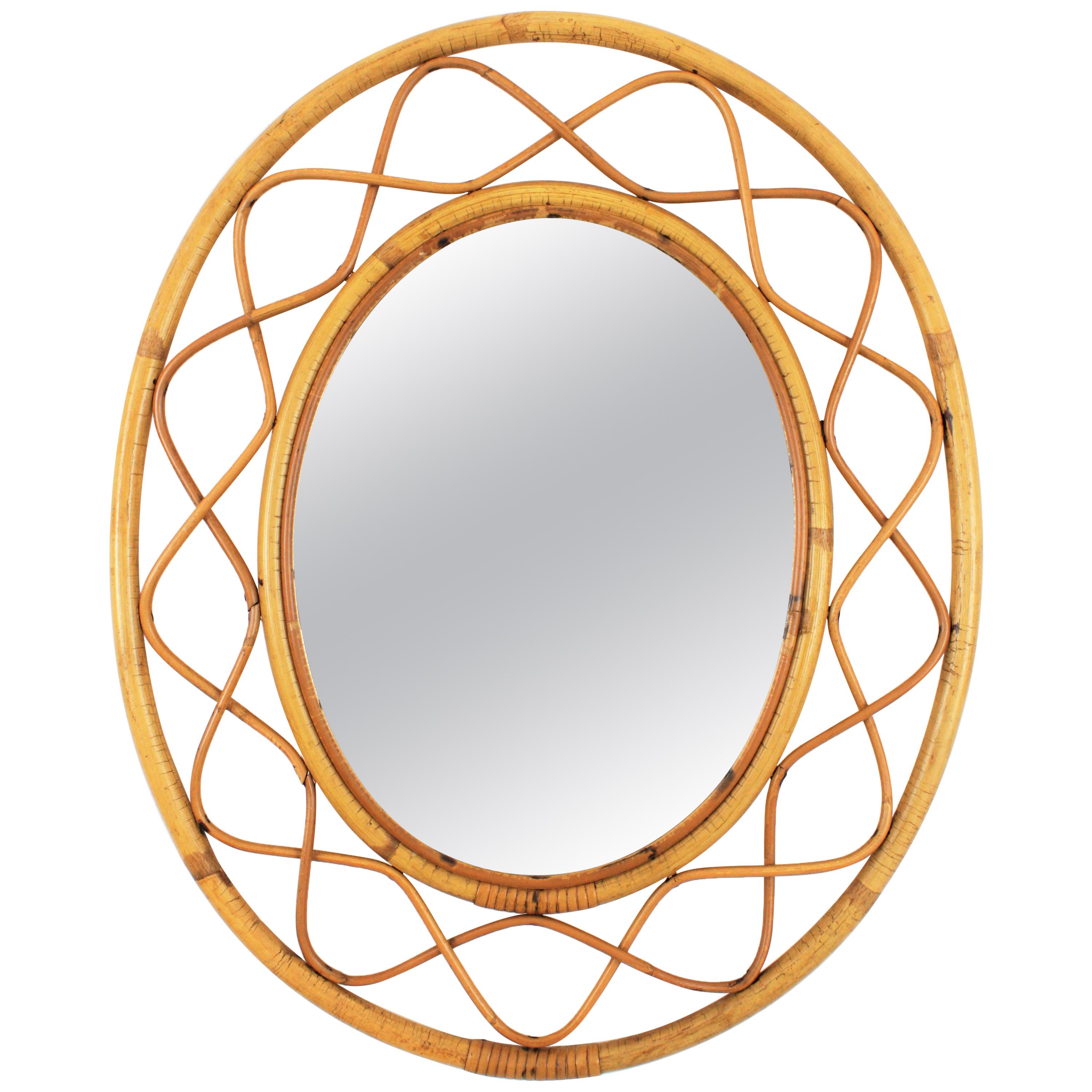 Jean Royère Style French Riviera Bamboo and Rattan Oval Mirror, France, 1960s