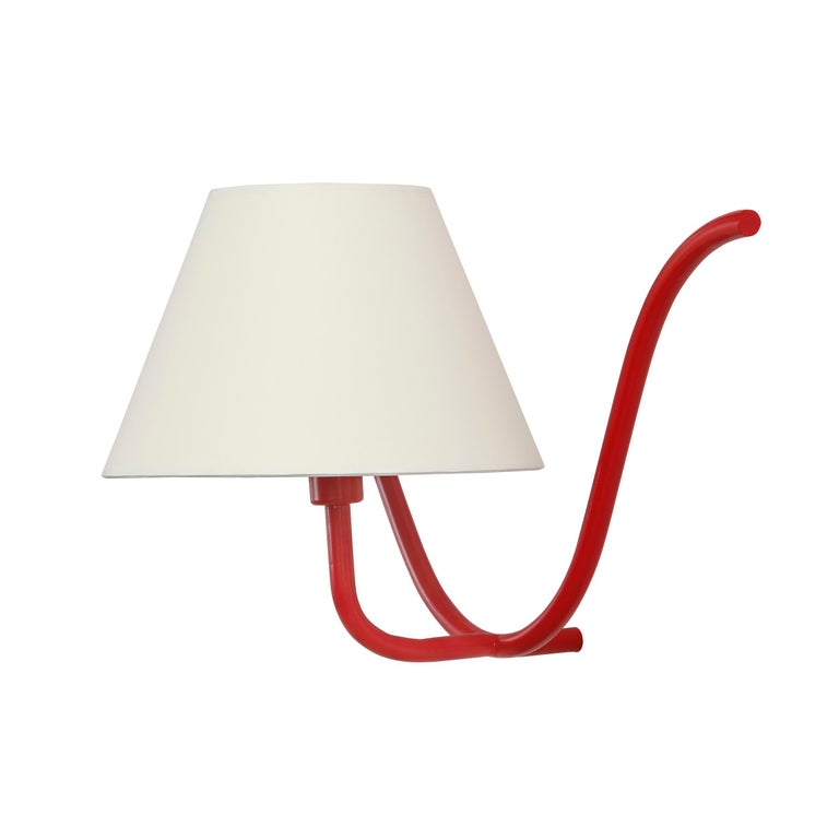 Jean Royère style Ondulation I wall light in red. Handcrafted in Los Angeles in the workshop of noted French designer and antiques dealer Denis de le Mesiere, who pays homage to the work of Jean Royère with scrupulous attention to detail and
