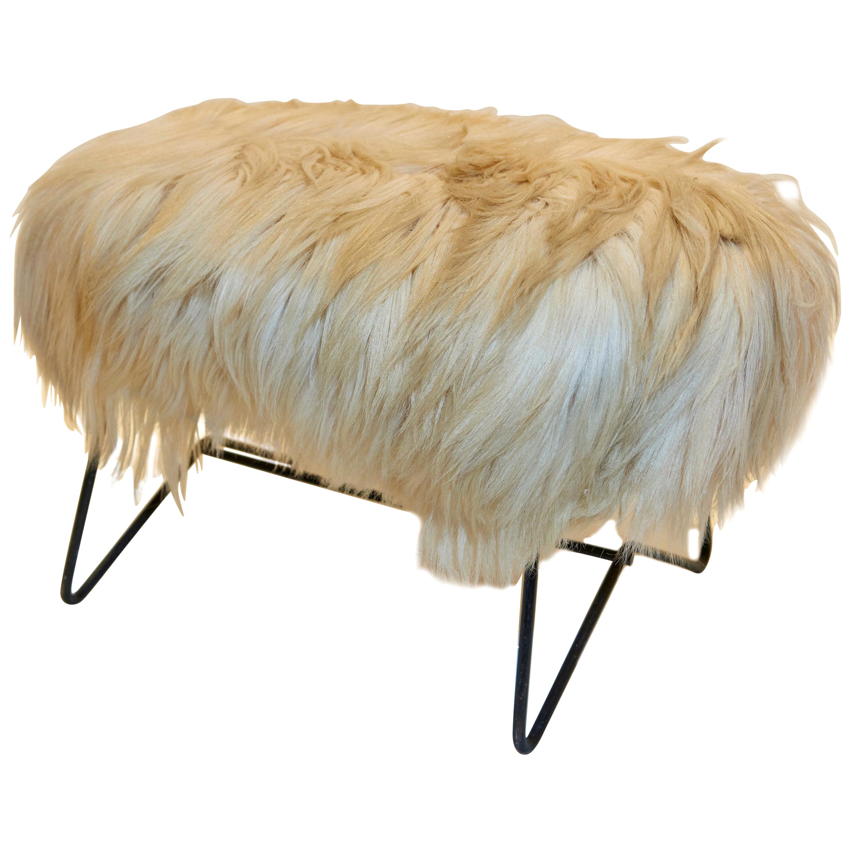 Jean Royère Style Stool in Goat Fur For Sale