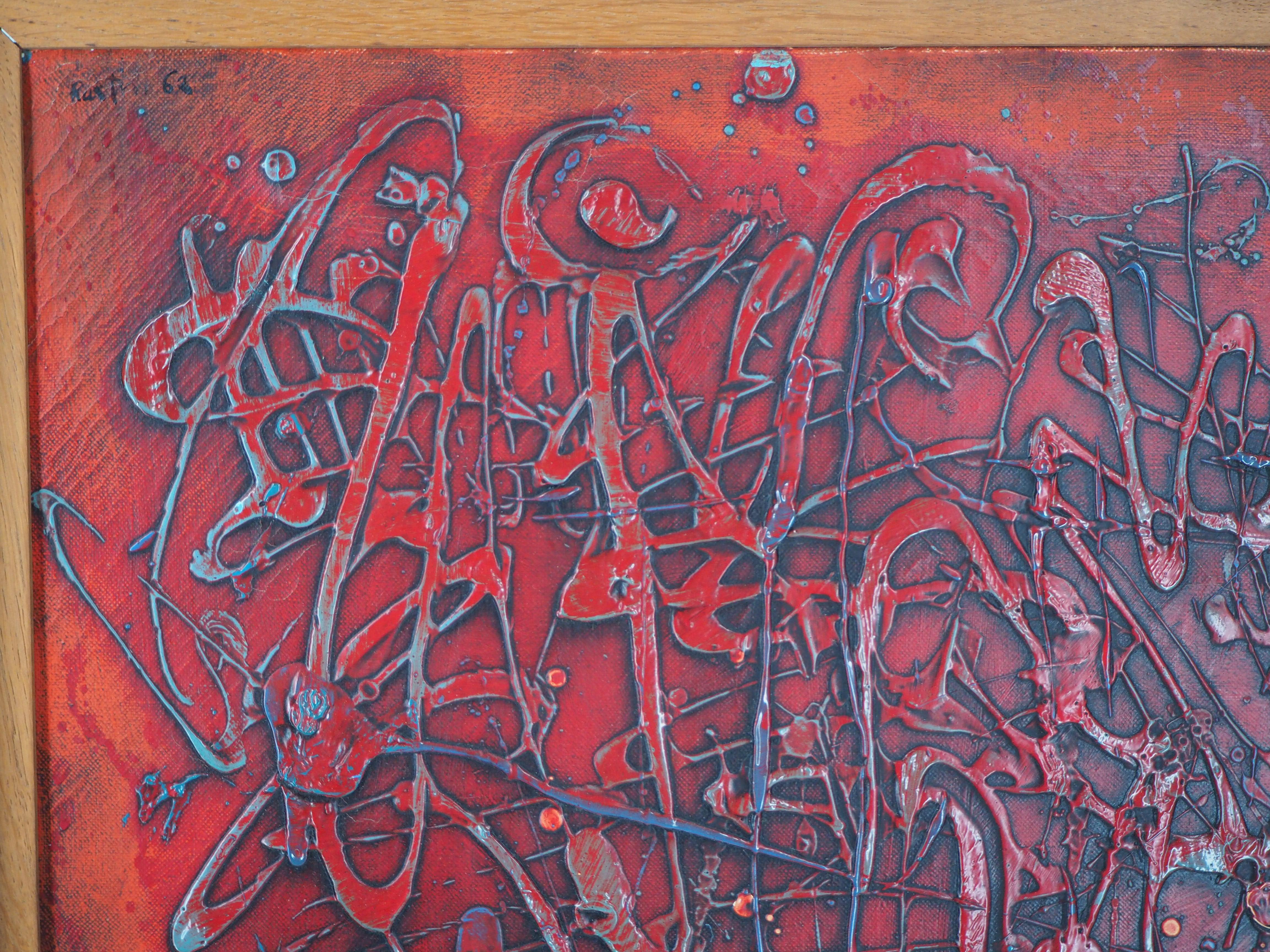 Abstraction in Red - Original oil on canvas - Signed - Brown Abstract Painting by Jean Rustin
