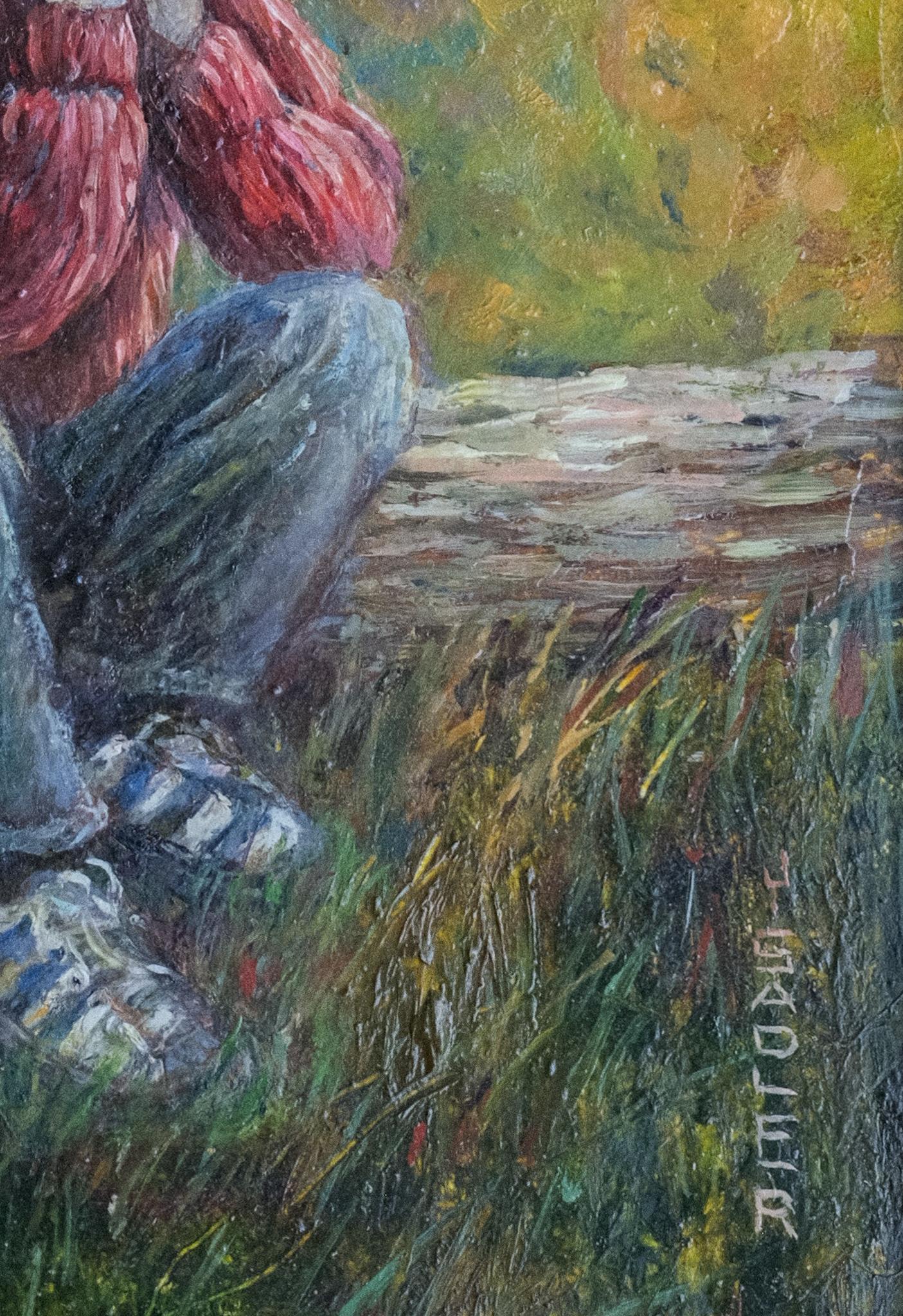 Porträt eines Kindes in rotem Pullover und blauen Jeans, das auf einem Baumstamm sitzt und Adidas trägt (Braun), Portrait Painting, von Jean Sadler