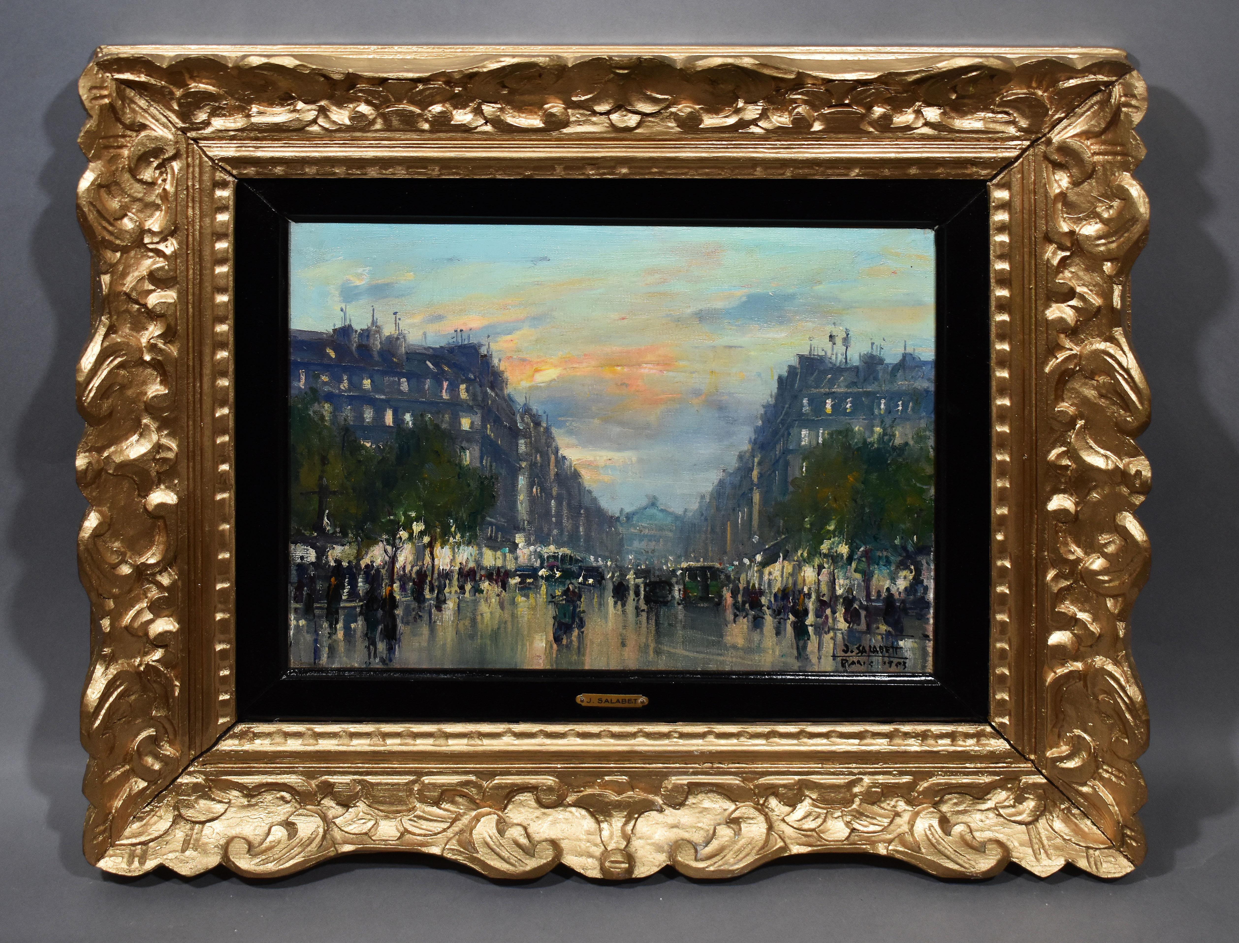 Impressionist Paris cityscape painting by Jean Salabet  (born 1900).   Oil on canvas, circa 1930.  Signed.  Displayed in a giltwood impressionist frame.  Image size, 14