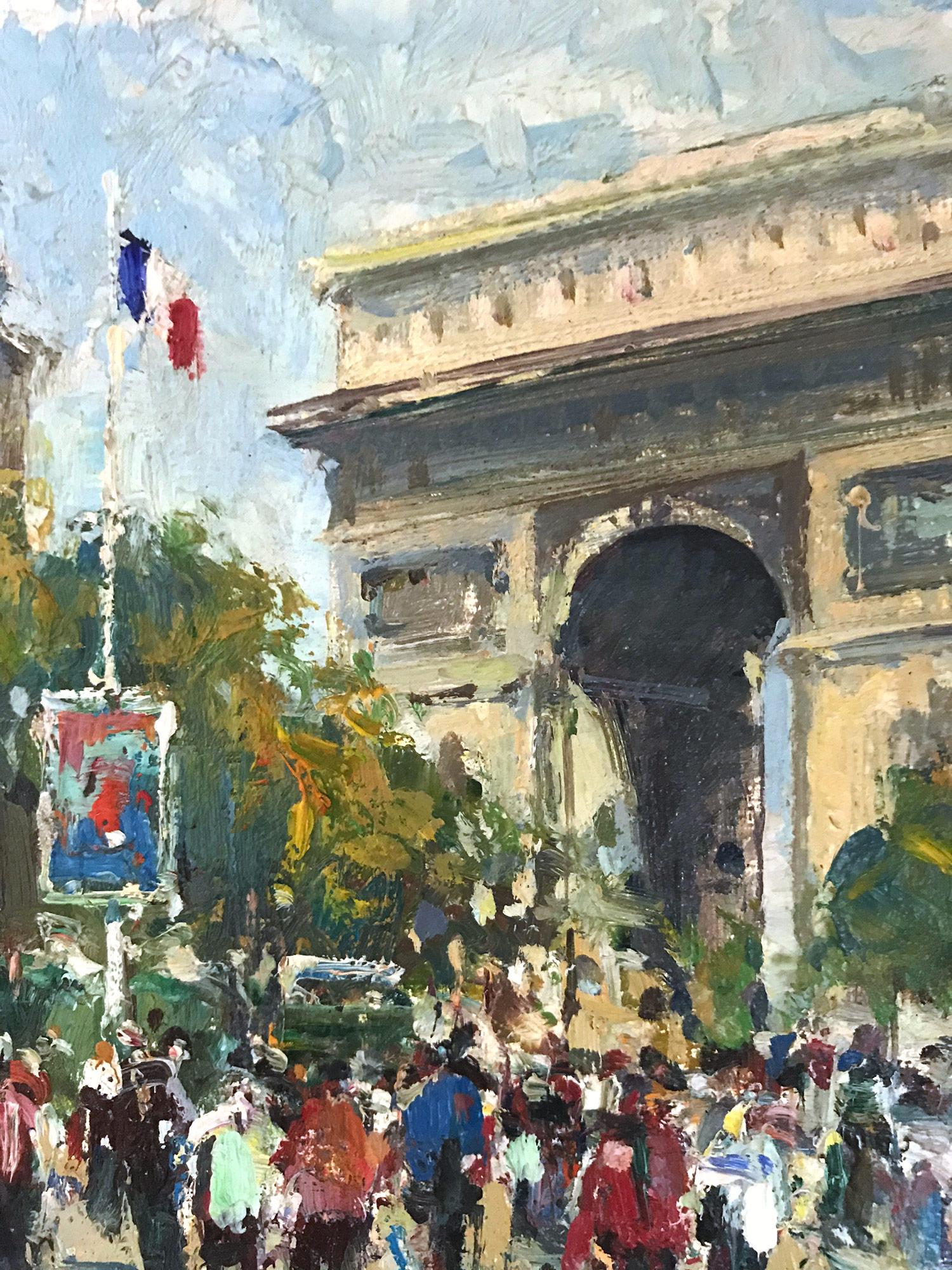 A beautiful oil on canvas painting by the French artist, Jean Salabet. This painting is a wonderful example of his work from the prime of his career. Here you see figures walking along the street and sidewalk with cars and carriages by Arc de