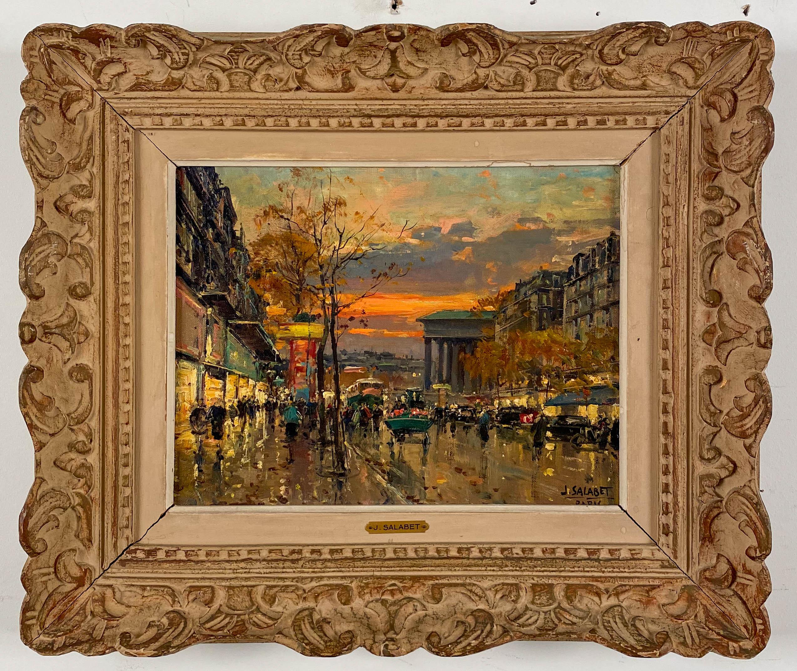 Jean Salabet
French, 20th Century
Boulevard des Capucines, Paris

Oil on canvas 
10 ¾ by 13 ¾ in.   W/frame 16 ½ by 19 ½ in.
Signed left right & dated 1953

Jean Salabet was a School of Paris painter know for his colorful Parisian cityscapes. 
His