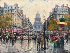 "Cafés et Panthéon" Impressionist Parisian Street Scene Oil Painting on Canvas