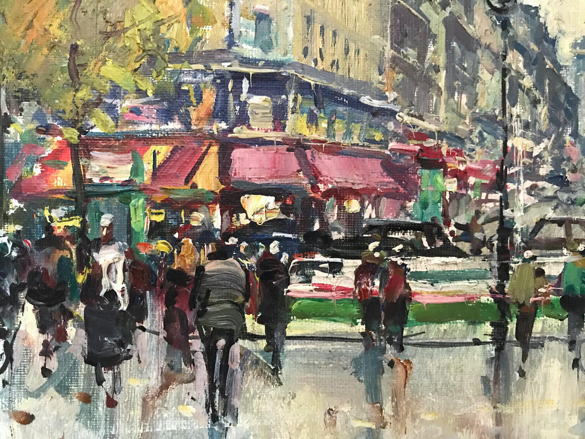 A beautiful oil on canvas painting by the French artist, Jean Salabet. This painting is a wonderful example of his work from the prime of his career. Here you see figures walking along the street and sidewalk with cars and buses by Cafés et Panthéon