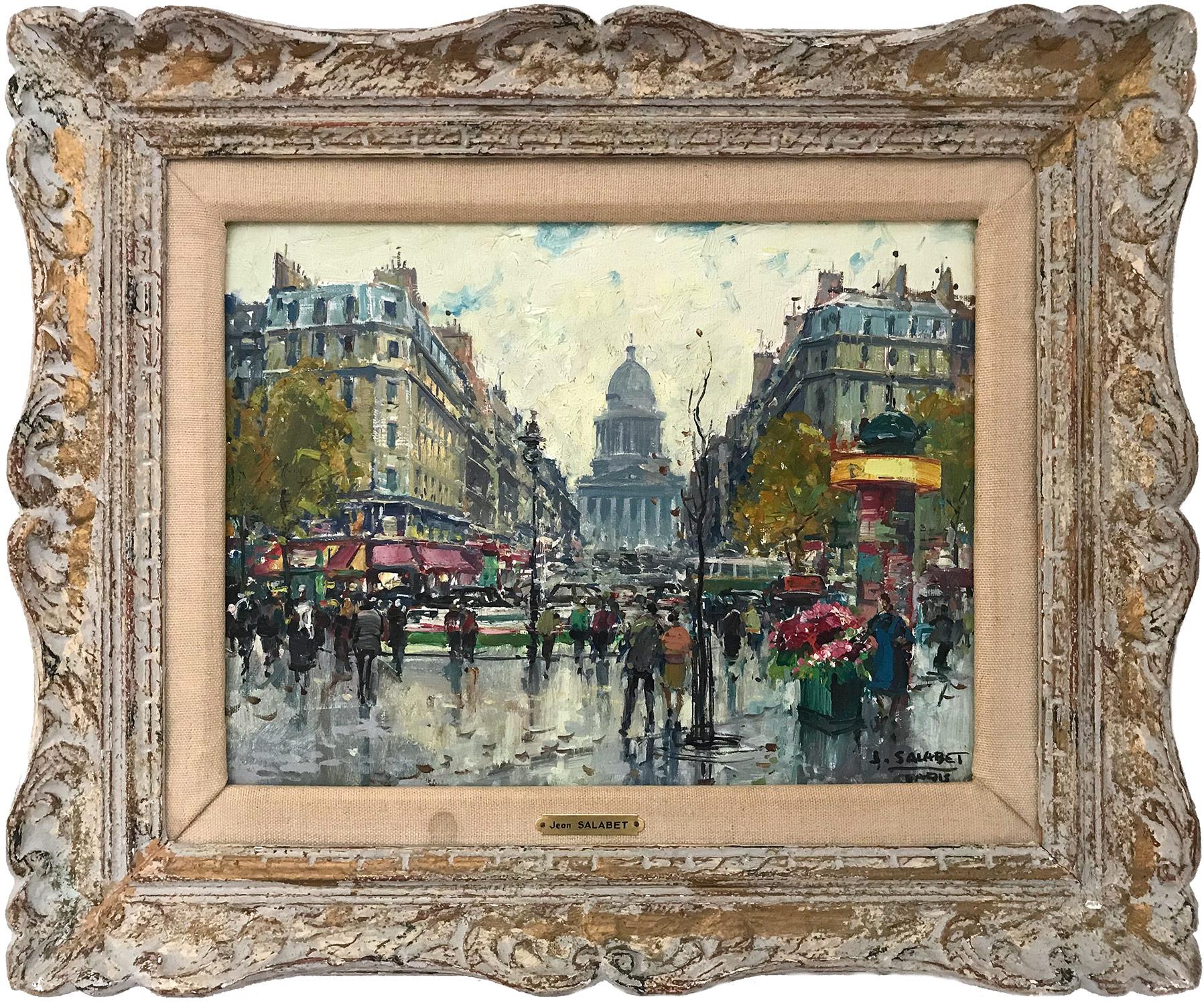 Jean Salabet Figurative Painting - "Cafés et Panthéon" Impressionist Parisian Street Scene Oil Painting on Canvas