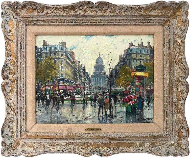 Jean Salabet Cafes Et Pantheon Impressionist Parisian Street Scene Oil Painting On Canvas At 1stdibs