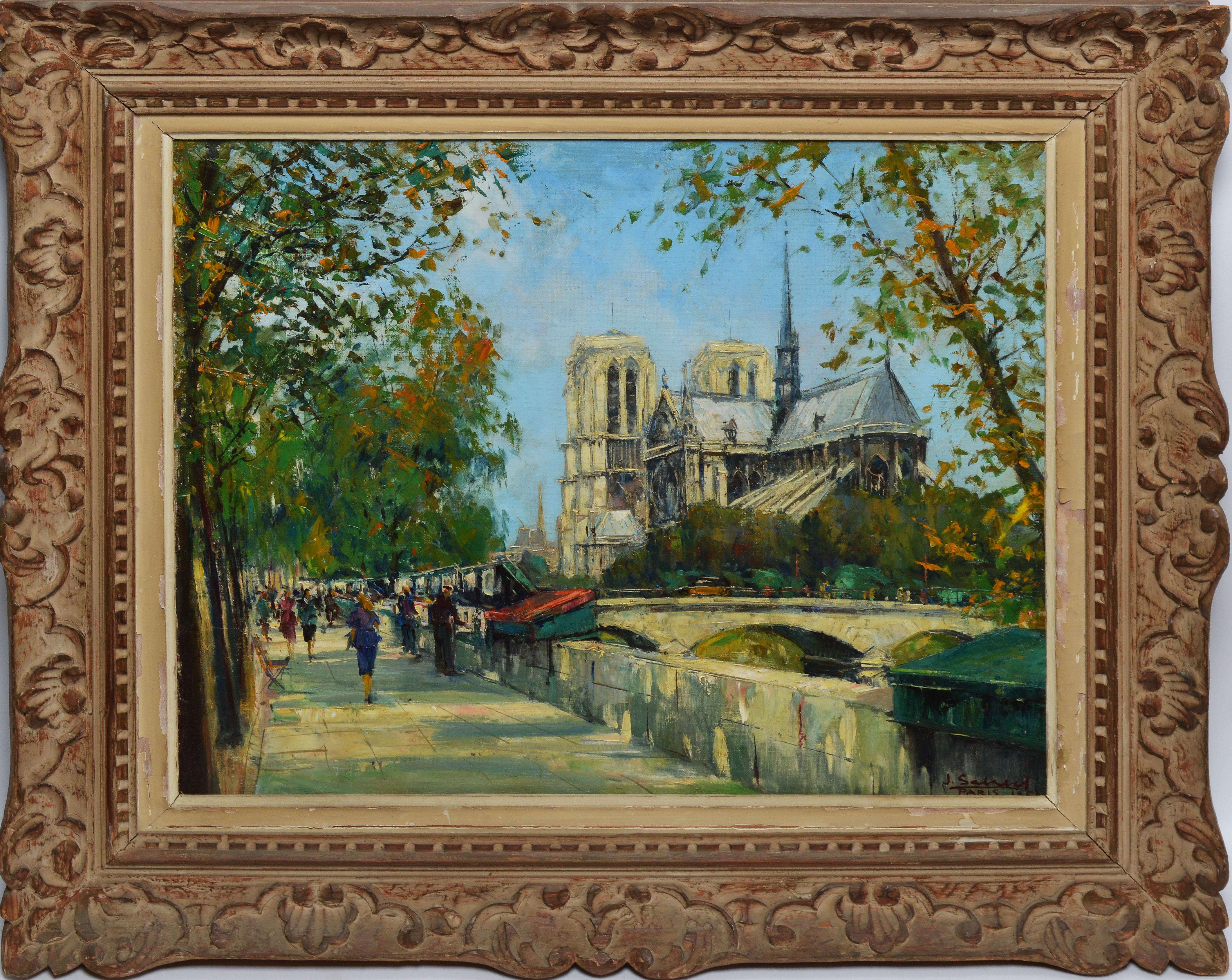 Antique French Impressionist painting Paris by Jean Salabet (b.1900).  Oil on canvas, circa 1930.  Signed lower right. 
 Displayed in a period impressionist frame.  Image size, 22"L x 18"H, overall 29"L x 25"H.