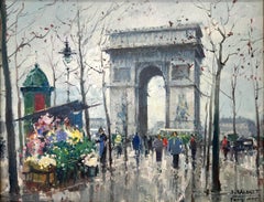 "Flower Vendor by Arc de Triomphe" Impressionist Paris Street Scene Oil Painting