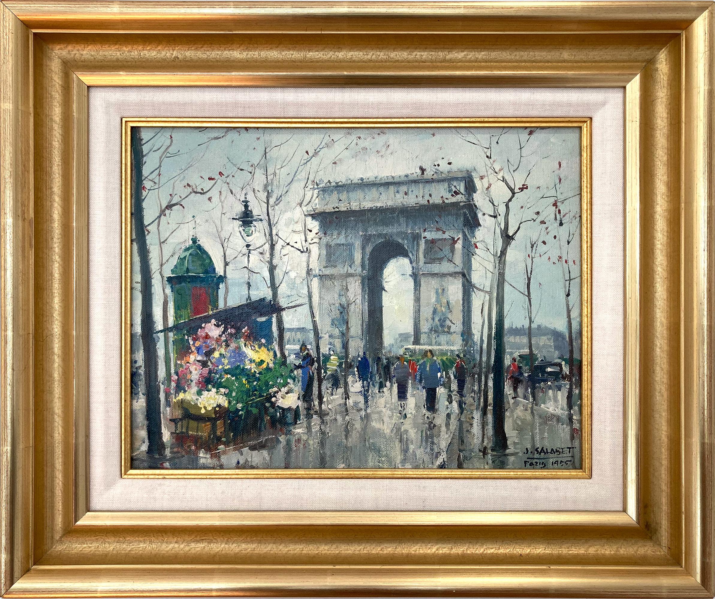 "Flower Vendor by Arc de Triomphe" Impressionist Paris Street Scene Oil Painting