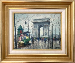 "Flower Vendor by Arc de Triomphe" Impressionist Paris Street Scene Oil Painting