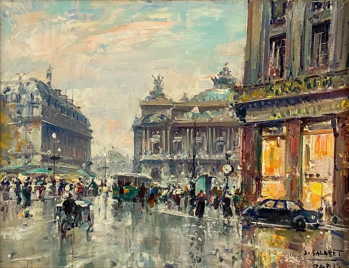 Jean Salabet
French, 20th Century
La Place de L'Opera, Paris

Oil on canvas 
10 ¾ by 13 ¾ in.   W/frame 18 ½ by 21 ½ in.
Signed lower right & dated 1952

Jean Salabet was a School of Paris painter know for his colorful Parisian cityscapes. 
His work