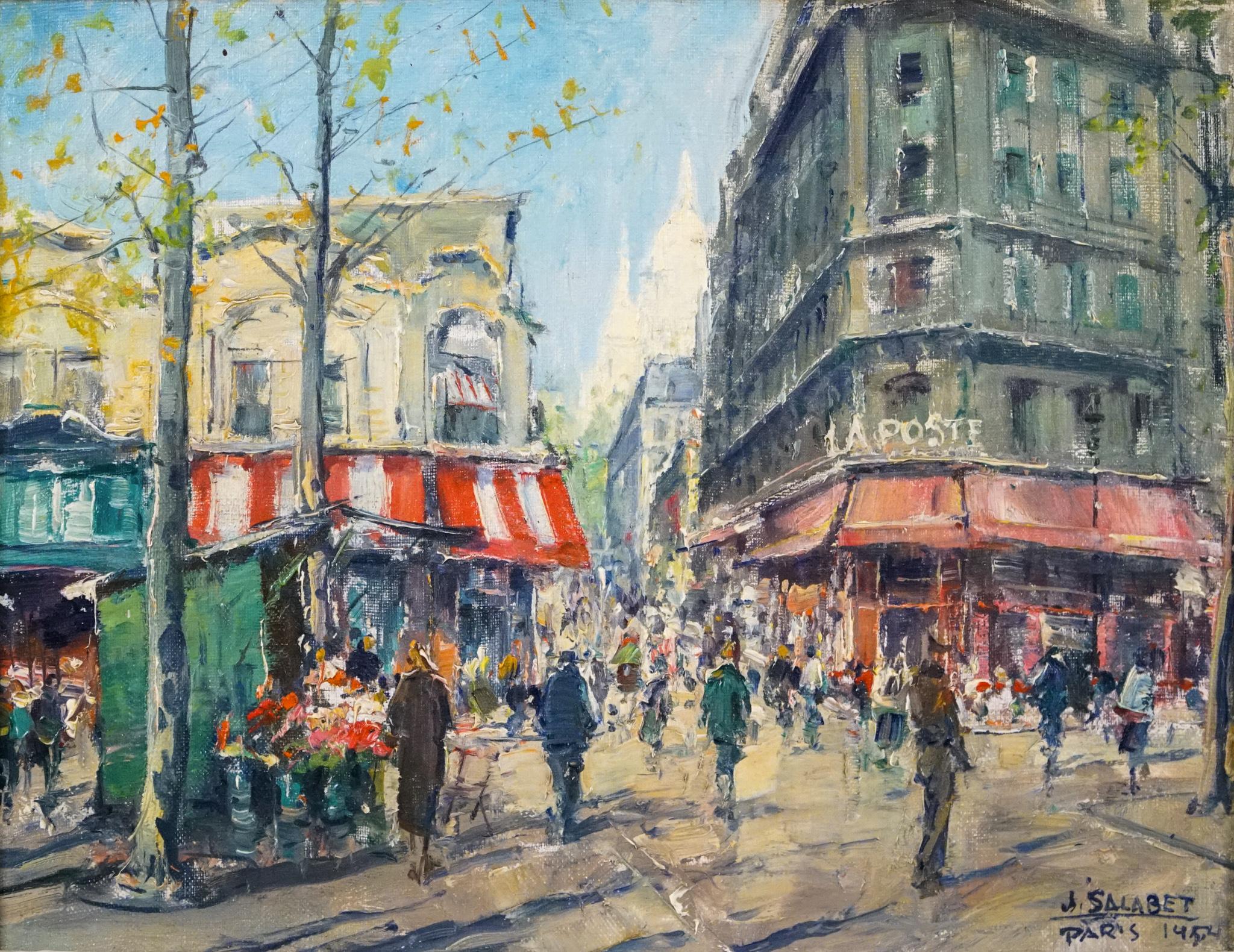 Les postes La Poste   1954  PARIS  - Scène de rue post-impressionniste - Post-impressionnisme Painting par Jean Salabet