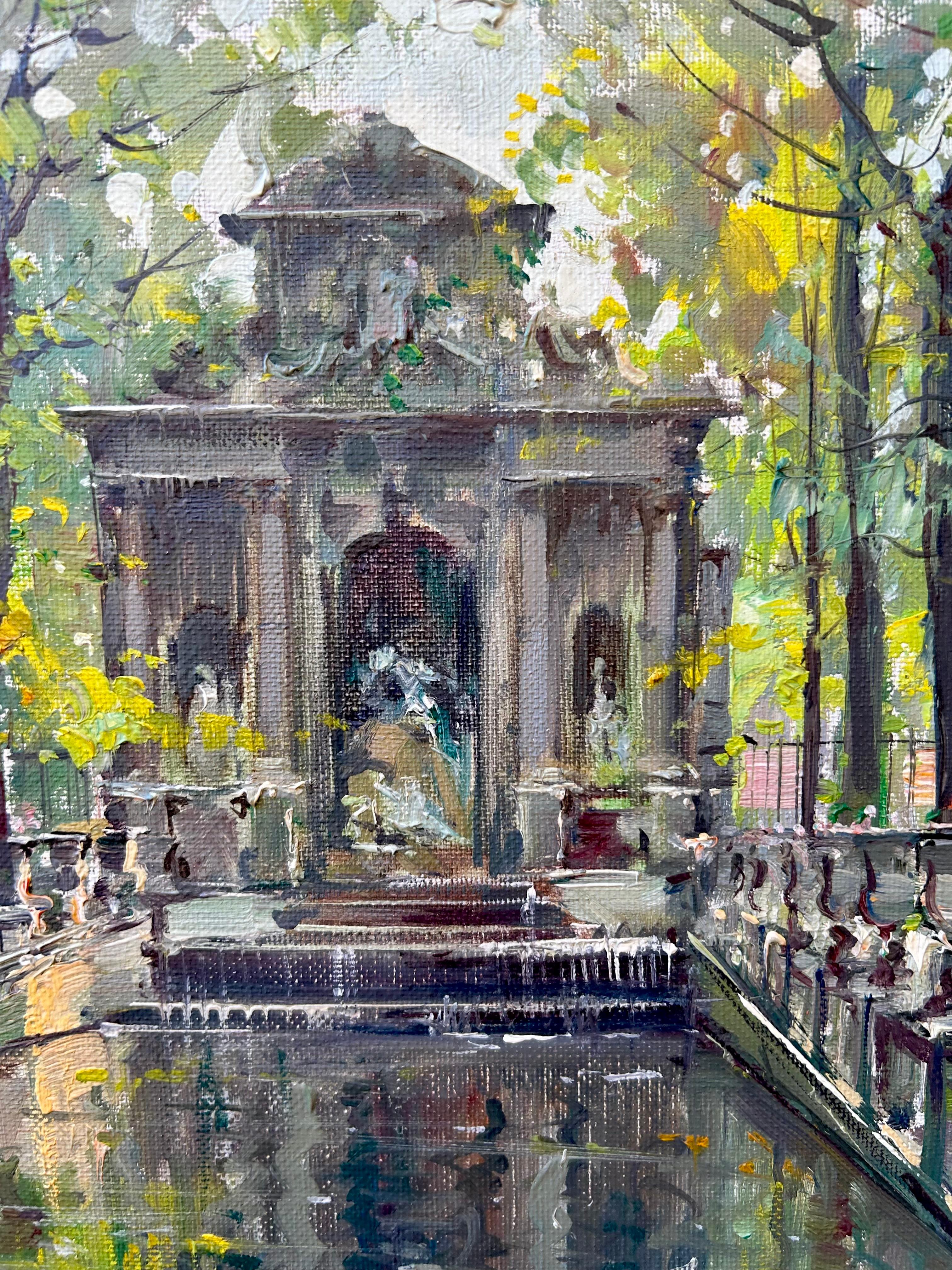 La Fontaine Médicis de Jean Salabet, Paris, France, capture la beauté sereine de la fontaine historique nichée dans les jardins du Luxembourg. Réalisée dans son style impressionniste caractéristique, la peinture représente les eaux tranquilles