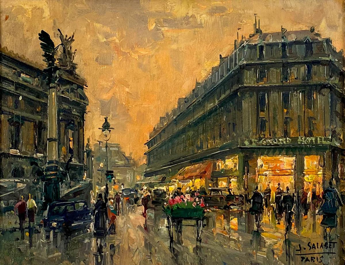 Jean Salabet
French, B. 1900
Le Grand Hotel, Paris

Oil on canvas 
10 ½ by 13 ¾ in.  W/frame 17 ½ by 20 ¾ in.
Signed lower right 

Jean Salabet was a School of Paris painter know for his colorful Parisian cityscapes. 
His work is comparable to those