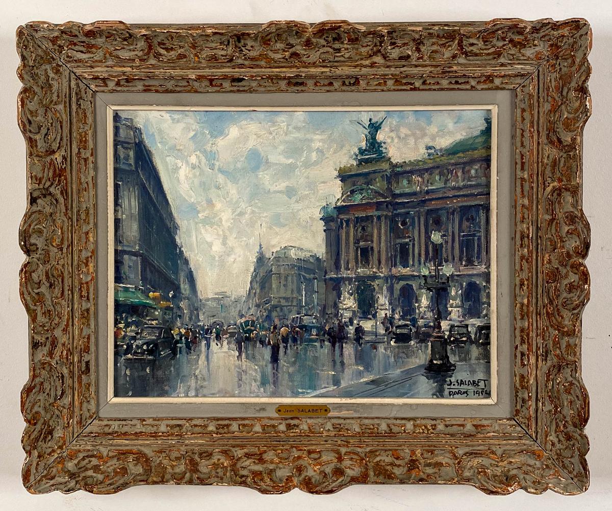 Jean Salabet
French, 20th Century
Le Opera 

Oil on canvas 
10 ¾ by 13 ¾ in.   W/frame 16 ½ by 19 ½ in.
Signed & dated lower right 54

Jean Salabet was a School of Paris painter know for his colorful Parisian cityscapes. 
His work is comparable to
