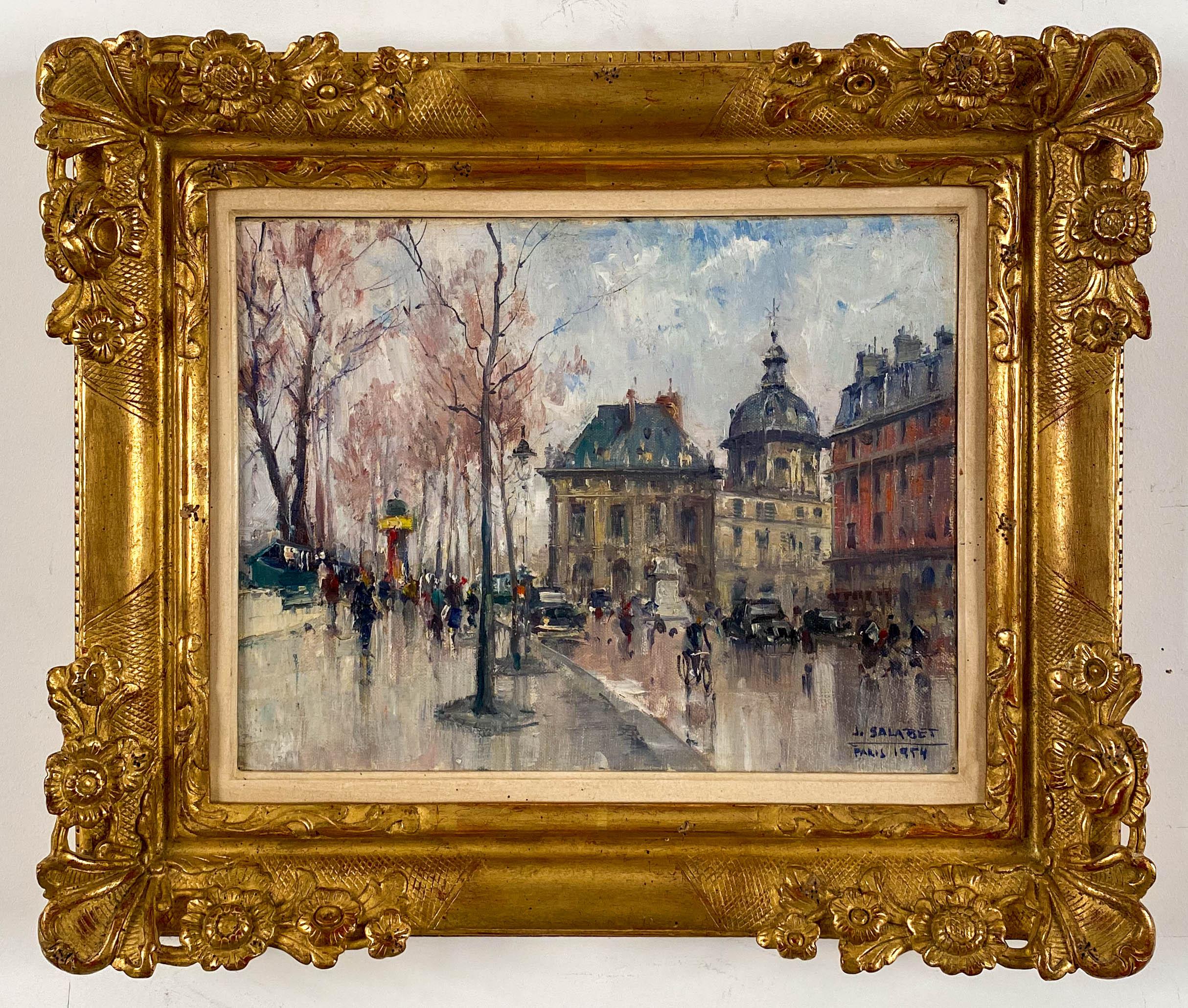 Jean Salabet
French, 20th Century
Les Bouquiniste, Paris

Oil on canvas 
10 ¾ by 13 ¾ in.   W/frame 16 ½ by 19 ½ in.
Signed lower right & dated 1954

Jean Salabet was a School of Paris painter know for his colorful Parisian cityscapes. 
His work is